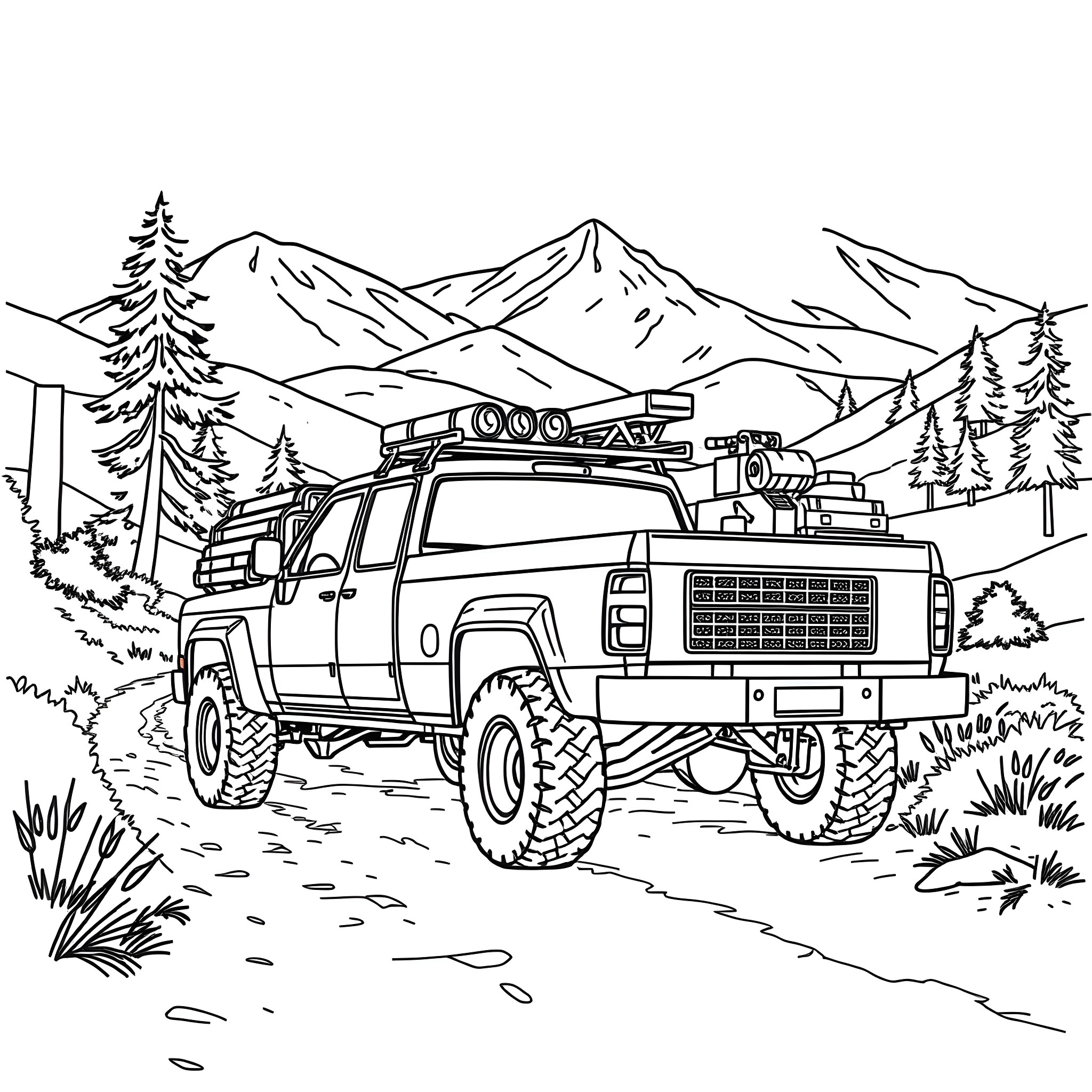 Pick Up Truck Traversing Rugged Mountain Terrain Coloring Page (free black-and-white line drawing printable PDF for all, from beginners to advanced learners, including children, teens, adults, and seniors)