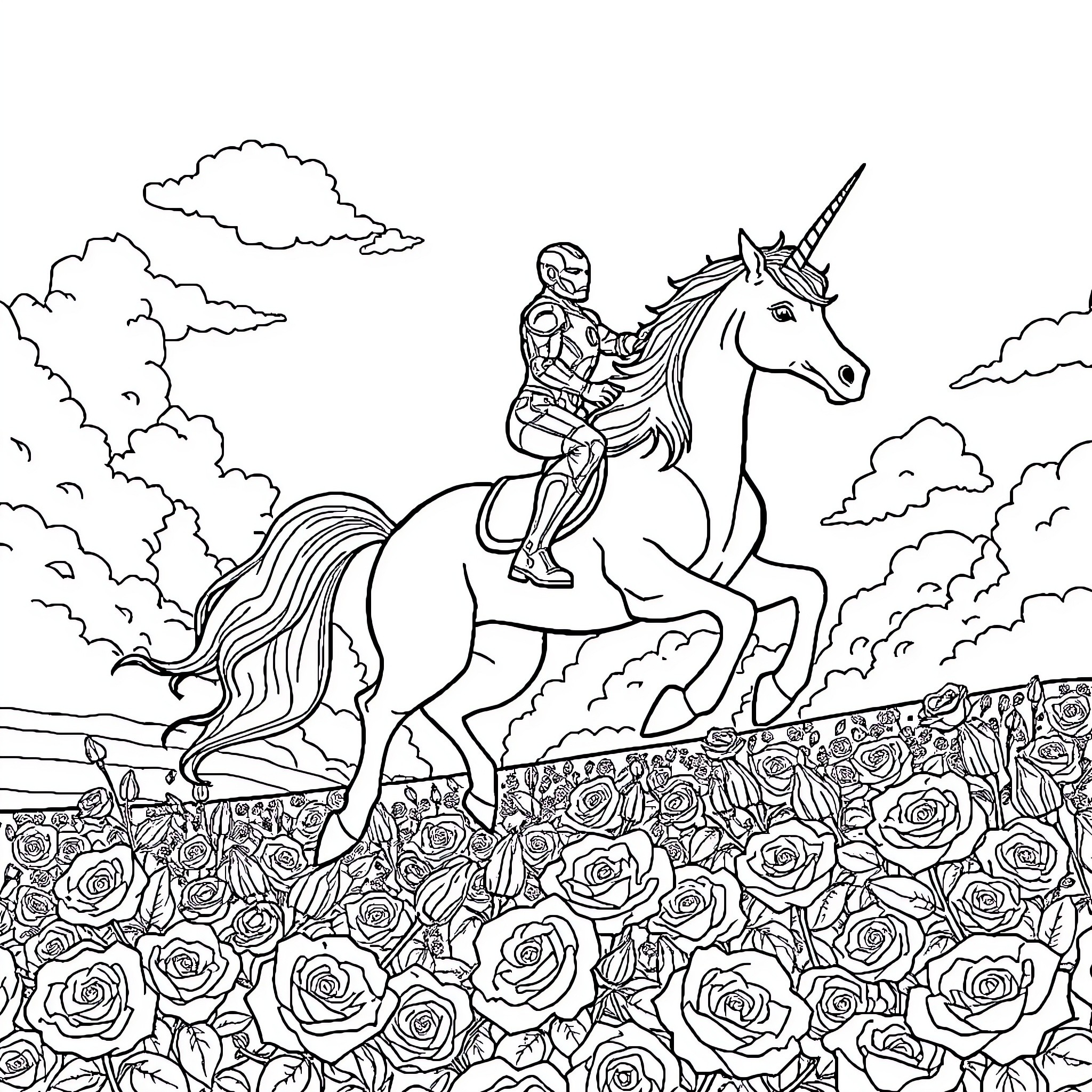 Ironman riding a unicorn through a rose garden Coloring Page (free black-and-white line drawing printable PDF for all, from beginners to advanced learners, including children, teens, adults, and seniors)