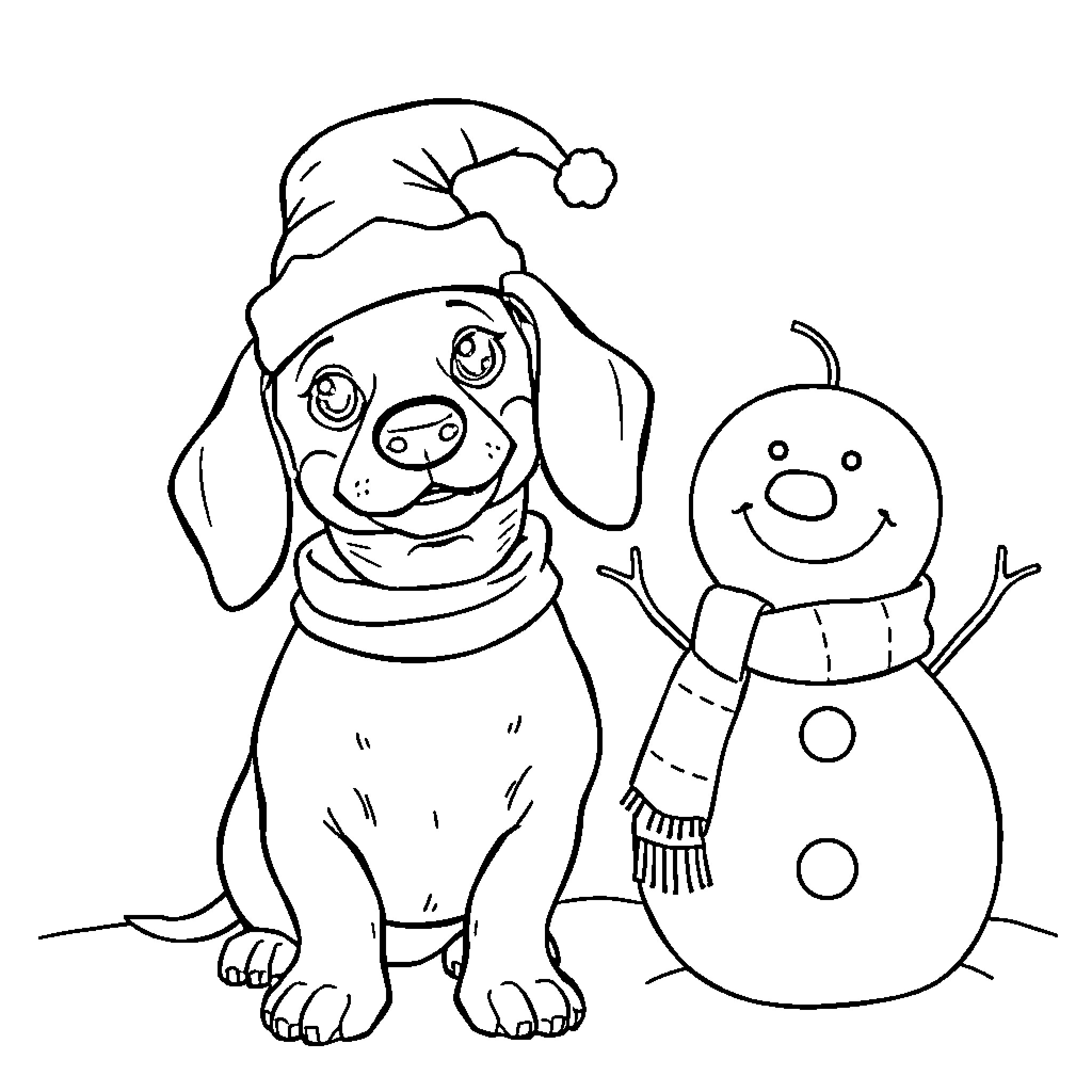 Dachshund playing with snowman on snowy day Coloring Page (free black-and-white line drawing printable PDF for all, from beginners to advanced learners, including children, teens, adults, and seniors)