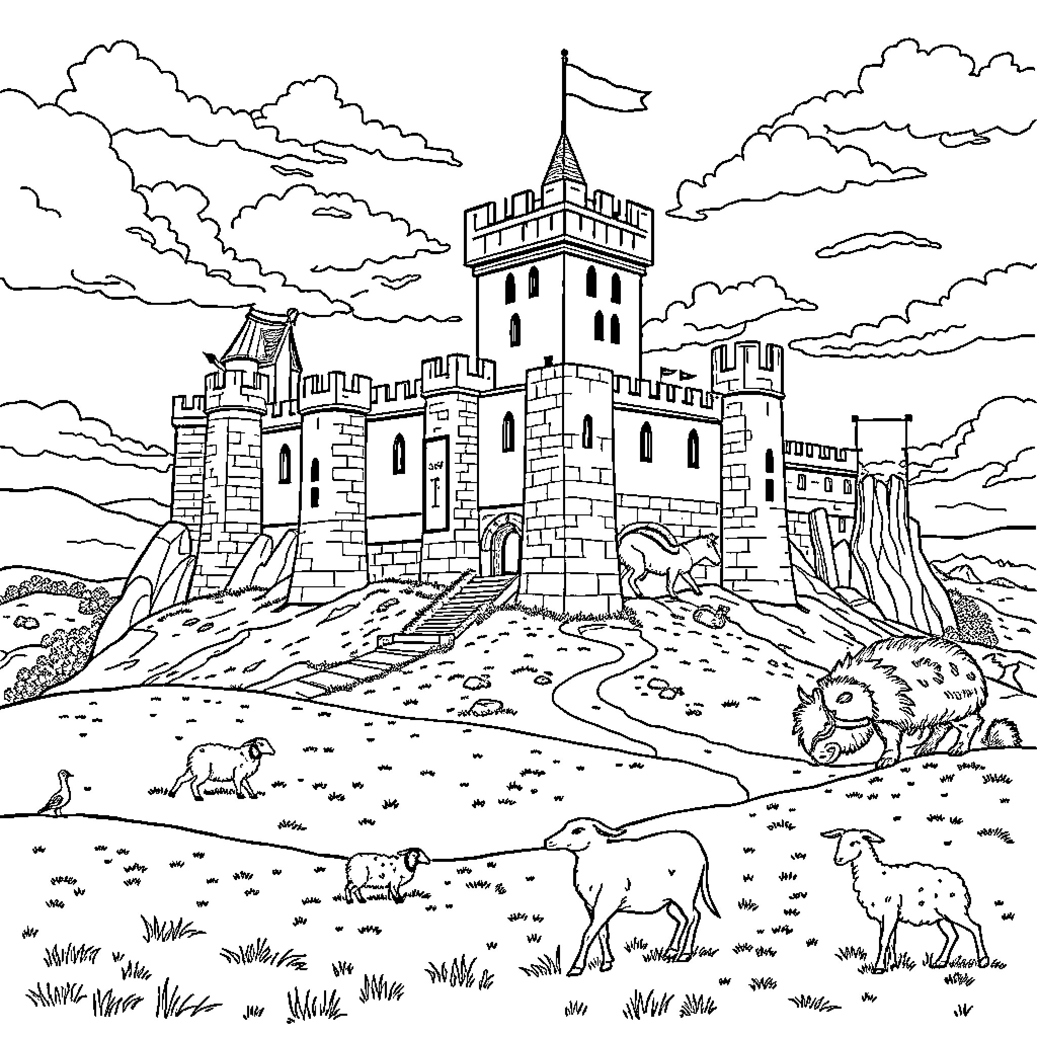 Castle with flags, towers, and animals in the field Coloring Page (free black-and-white line drawing printable PDF for all, from beginners to advanced learners, including children, teens, adults, and seniors)