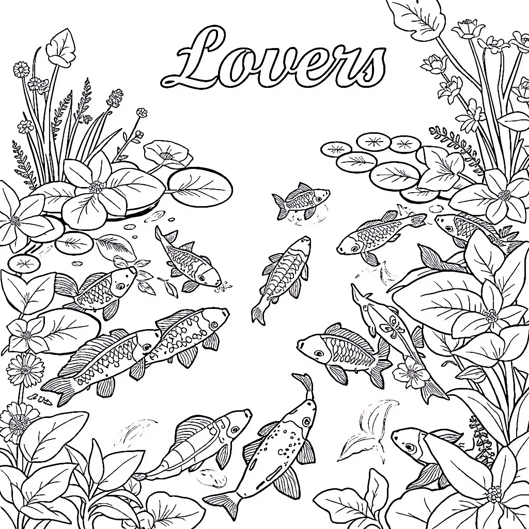 Koi pond with blooming flowers and playful fish Coloring Page (free black-and-white line drawing printable PDF for all, from beginners to advanced learners, including children, teens, adults, and seniors)