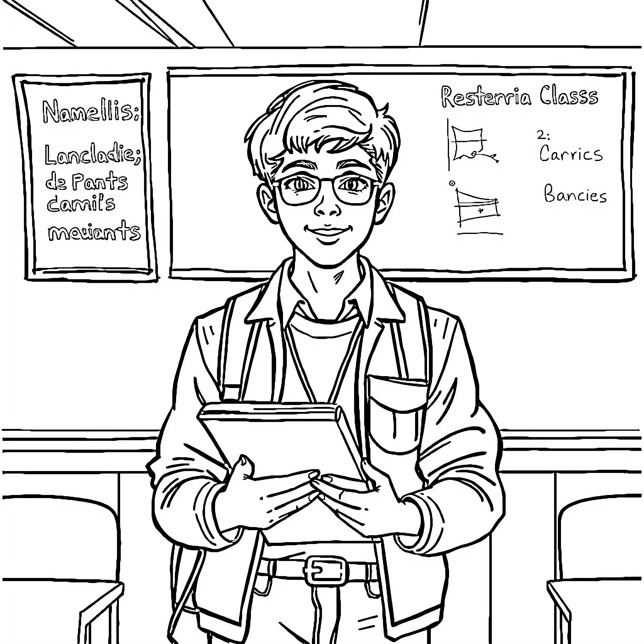 French Notebook: Student studying diligently in classroom Coloring Page (free black-and-white line drawing printable PDF for all, from beginners to advanced learners, including children, teens, adults, and seniors)