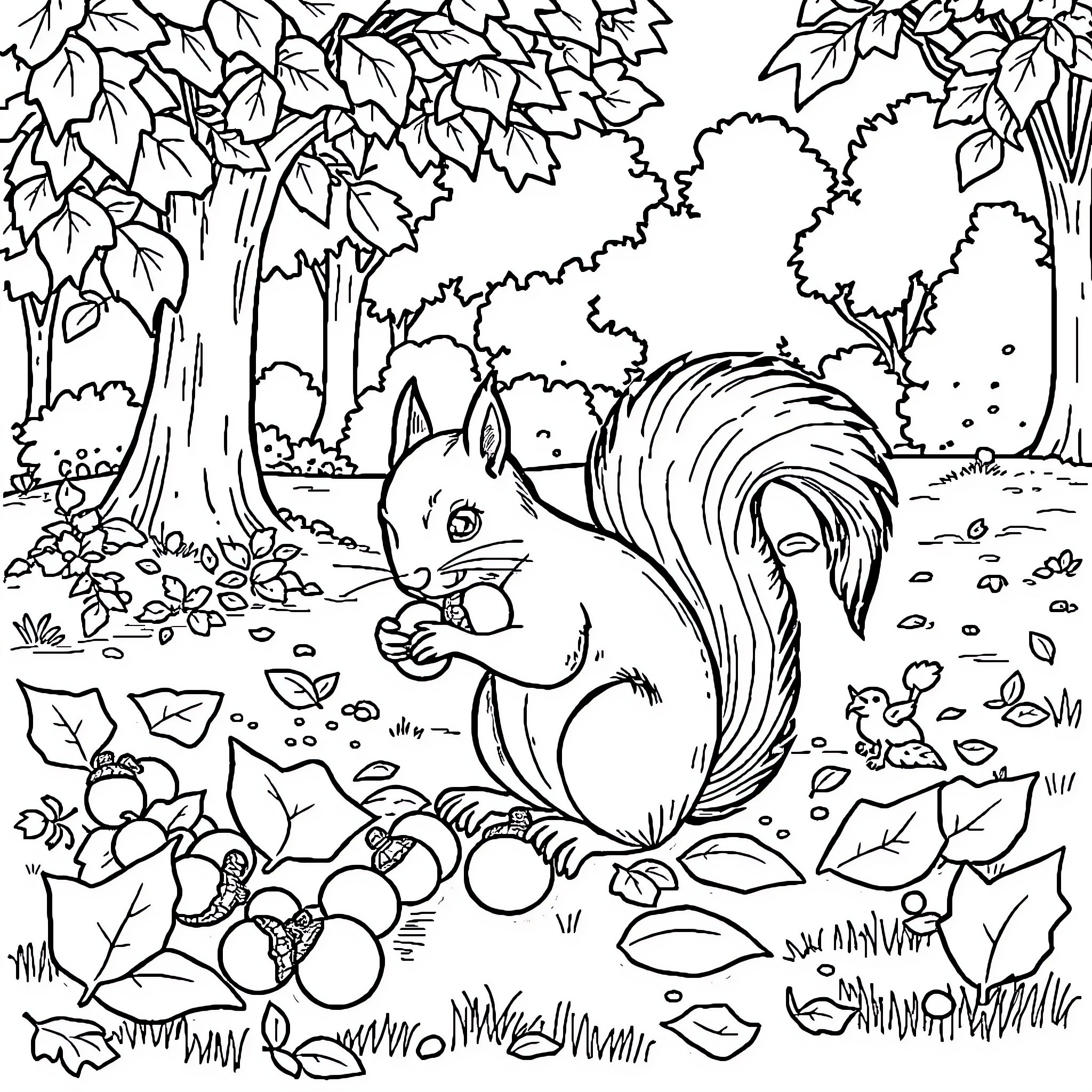 Squirrel enjoying autumn leaves and acorns in the forest Coloring Page (free black-and-white line drawing printable PDF for all, from beginners to advanced learners, including children, teens, adults, and seniors)