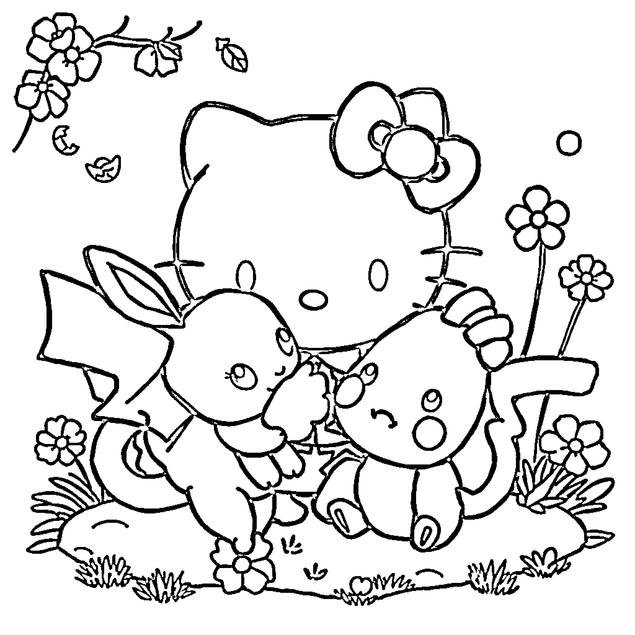 Sanrio characters enjoying nature together Coloring Page (free black-and-white line drawing printable PDF for all, from beginners to advanced learners, including children, teens, adults, and seniors)