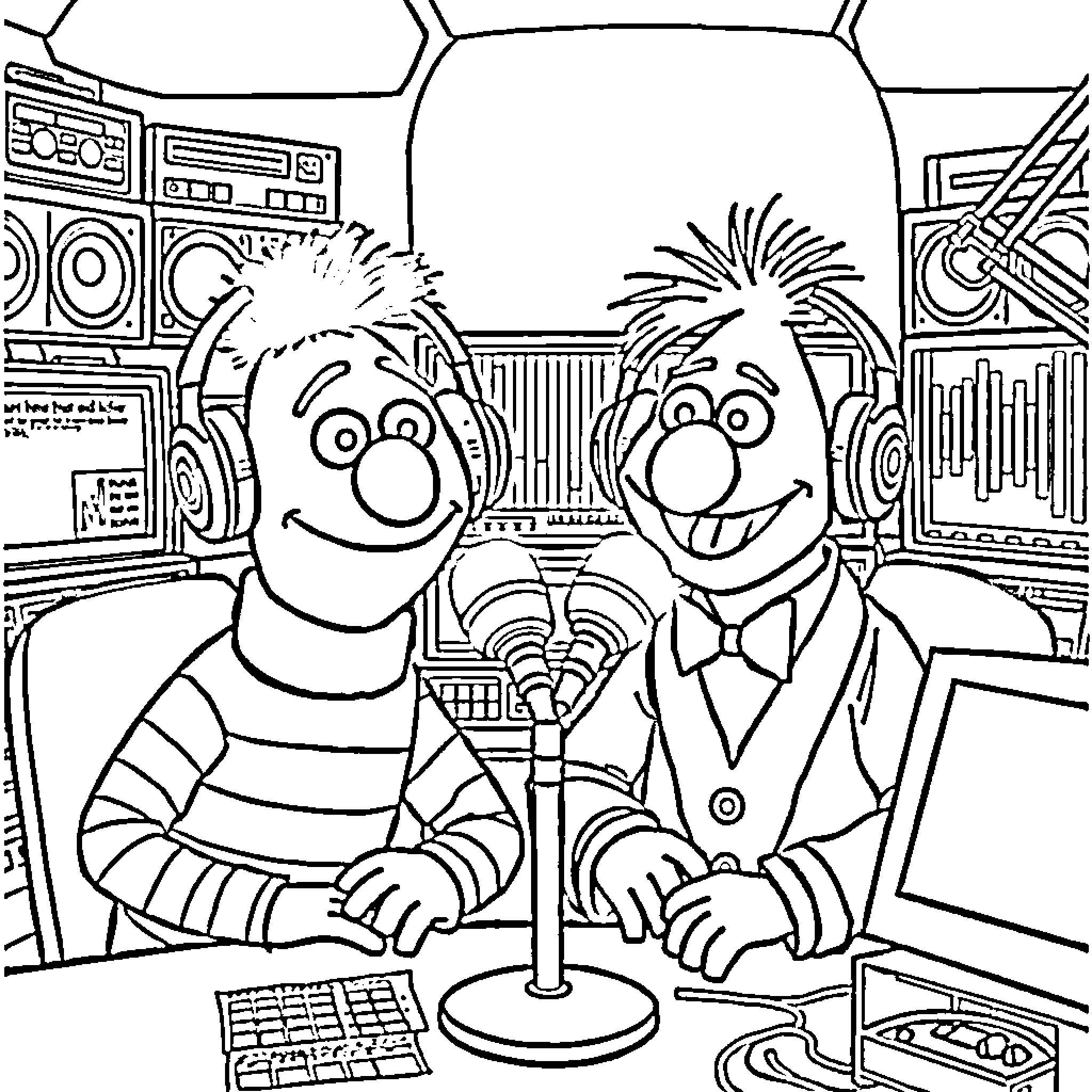 Bert and Ernie sharing an adventure in their studio Coloring Page (free black-and-white line drawing printable PDF for all, from beginners to advanced learners, including children, teens, adults, and seniors)
