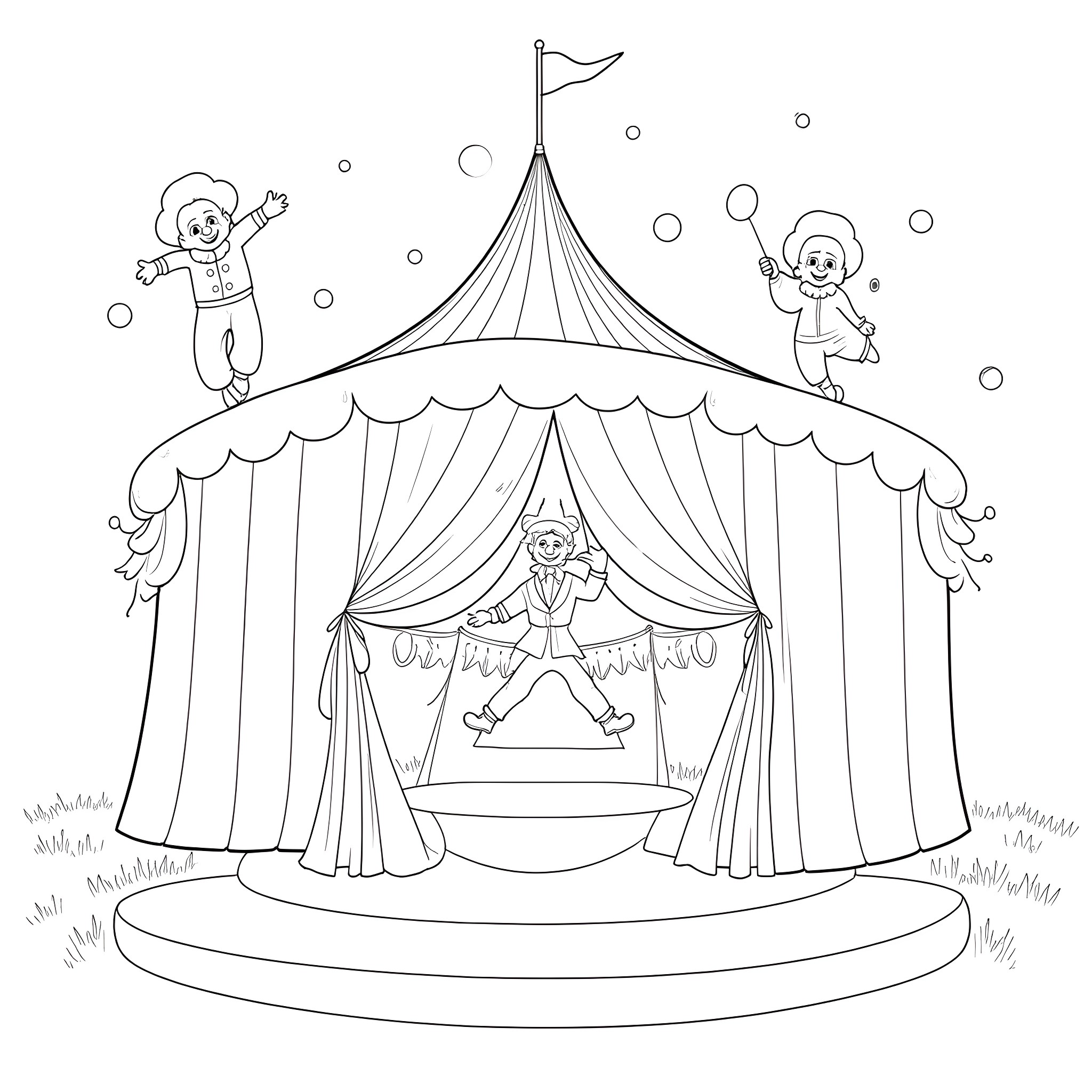Circus Tent with Performers and Bubbles Coloring Page (free black-and-white line drawing printable PDF for all, from beginners to advanced learners, including children, teens, adults, and seniors)