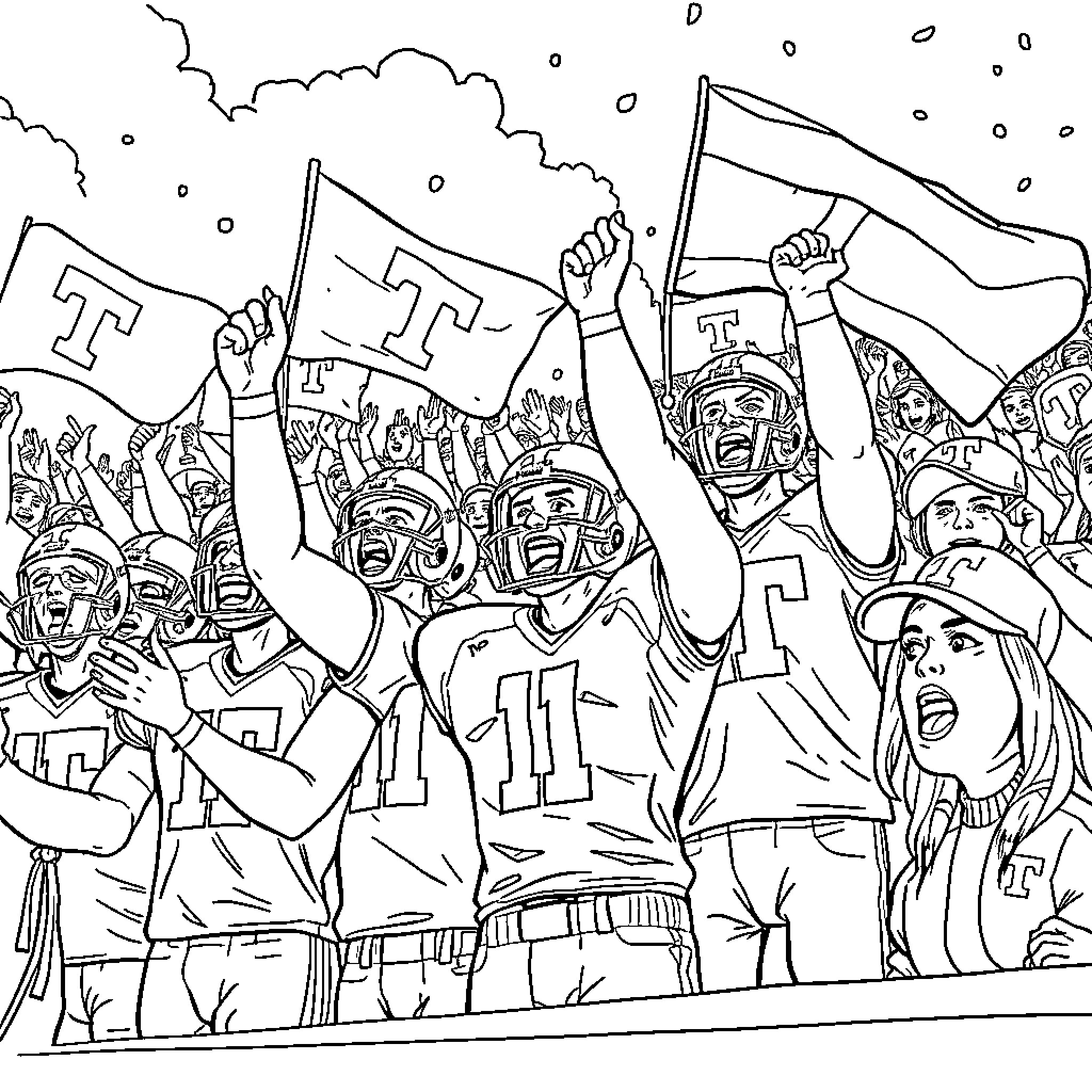 Tennessee Volunteers Fans Cheering Enthusiastically Coloring Page (free black-and-white line drawing printable PDF for all, from beginners to advanced learners, including children, teens, adults, and seniors)