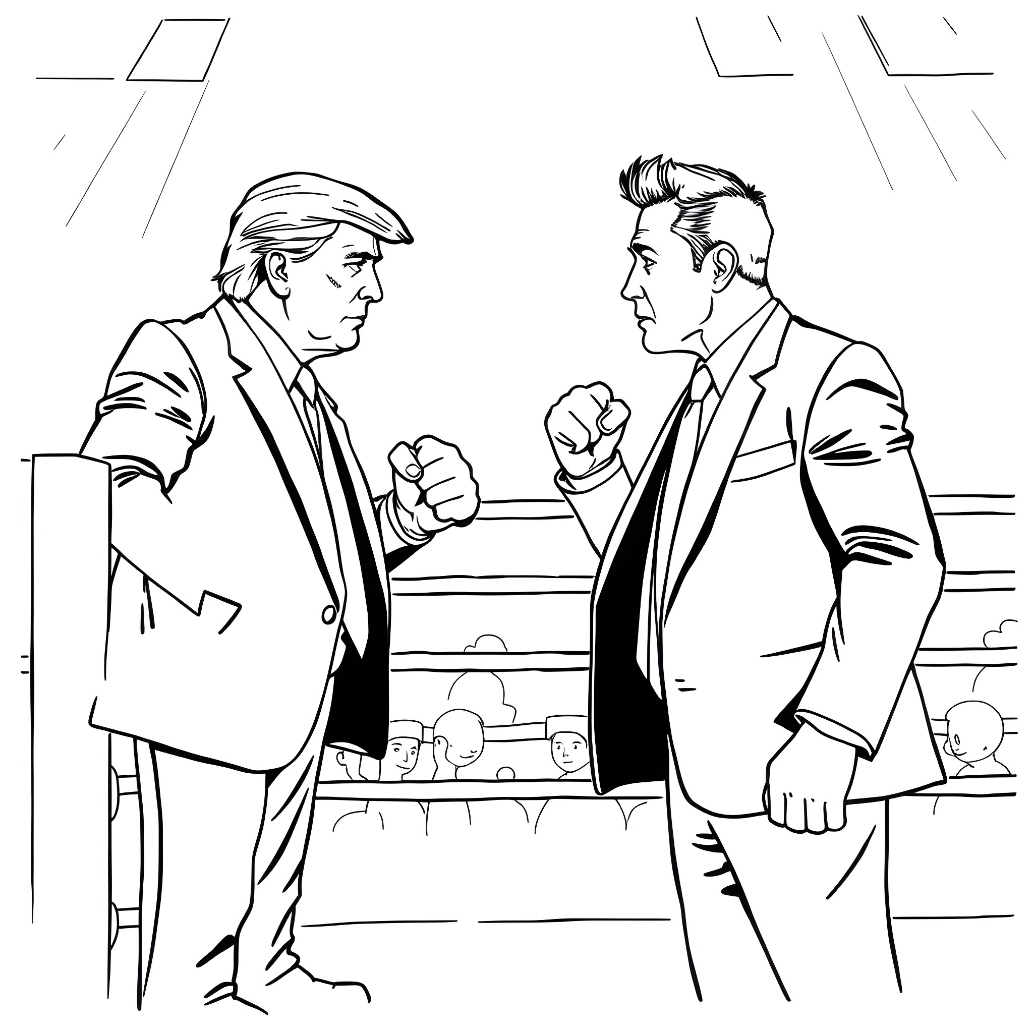 Donald Trump and Joe Biden in heated debate Coloring Page (free black-and-white line drawing printable PDF for all, from beginners to advanced learners, including children, teens, adults, and seniors)