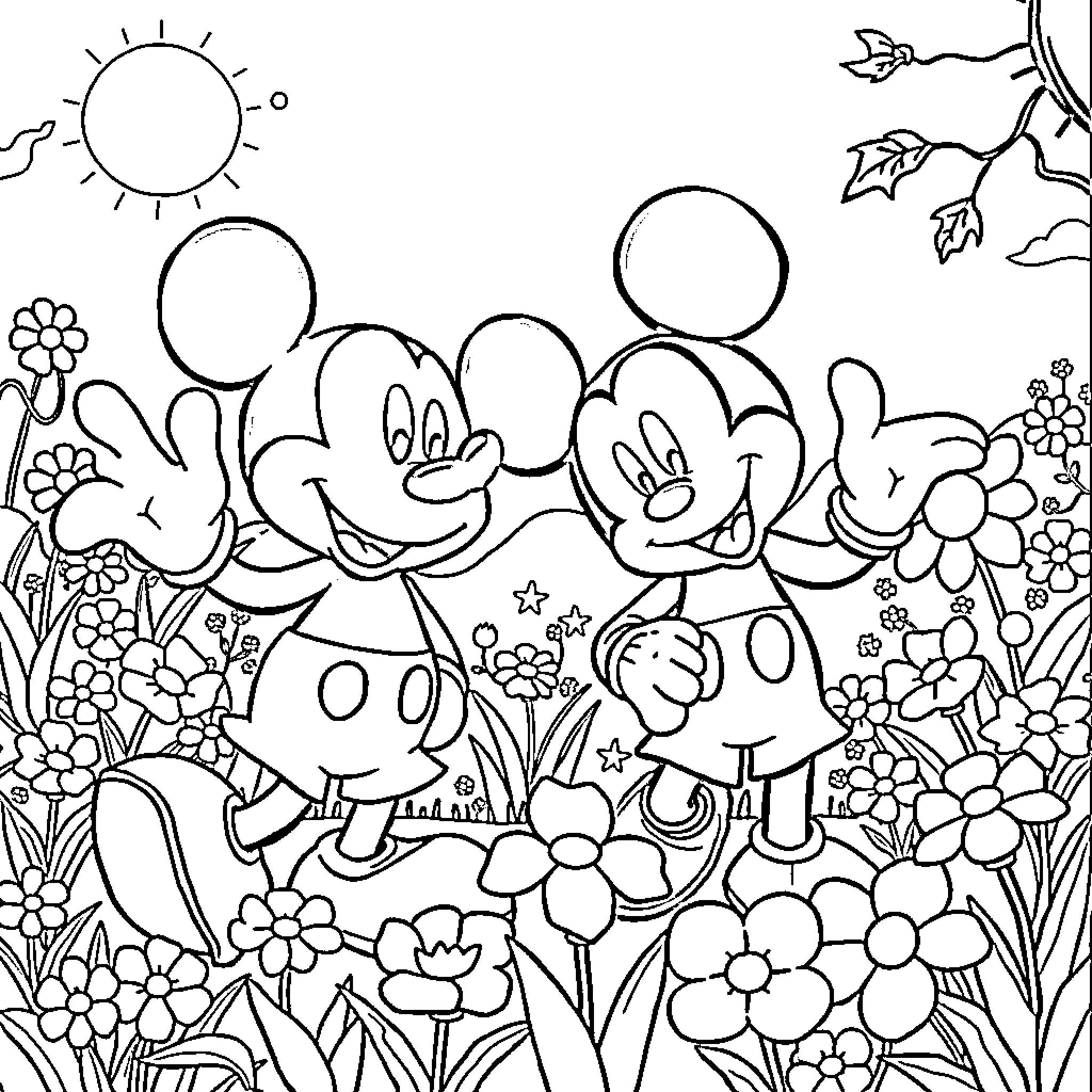 Bluey characters playing in a floral garden Coloring Page (free black-and-white line drawing printable PDF for all, from beginners to advanced learners, including children, teens, adults, and seniors)