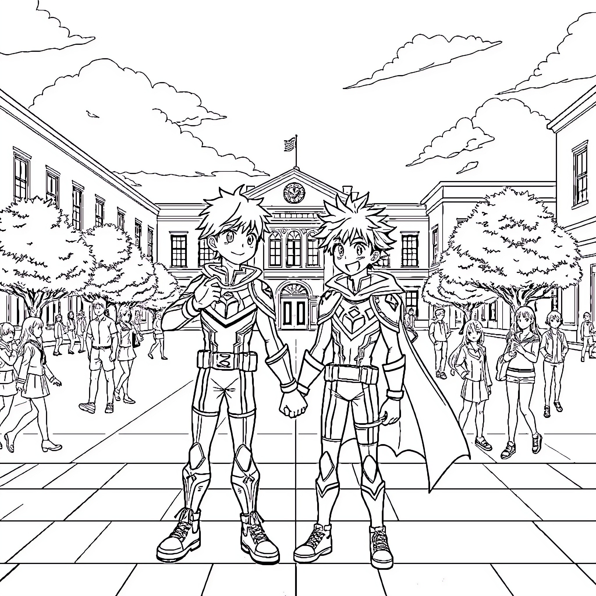 Tsuyu Asui and friends enjoying the school campus Coloring Page (free black-and-white line drawing printable PDF for all, from beginners to advanced learners, including children, teens, adults, and seniors)