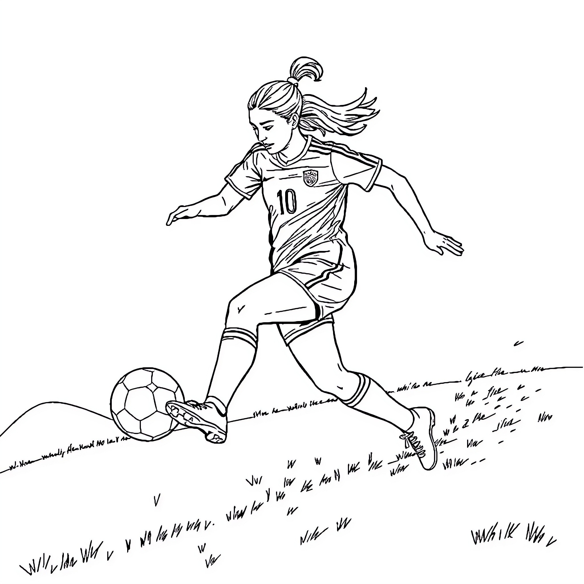 Mia Kalisz playing soccer with determination Coloring Page (free black-and-white line drawing printable PDF for all, from beginners to advanced learners, including children, teens, adults, and seniors)