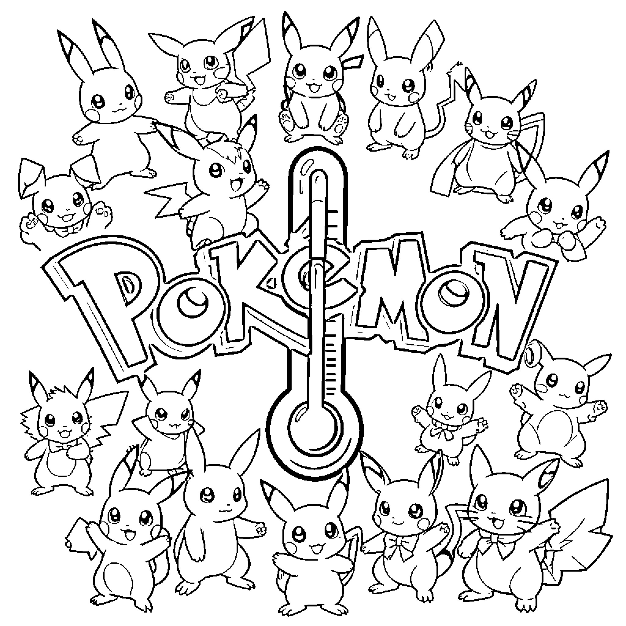 Pokémon characters posing joyfully around a large thermometer Coloring Page (free black-and-white line drawing printable PDF for all, from beginners to advanced learners, including children, teens, adults, and seniors)