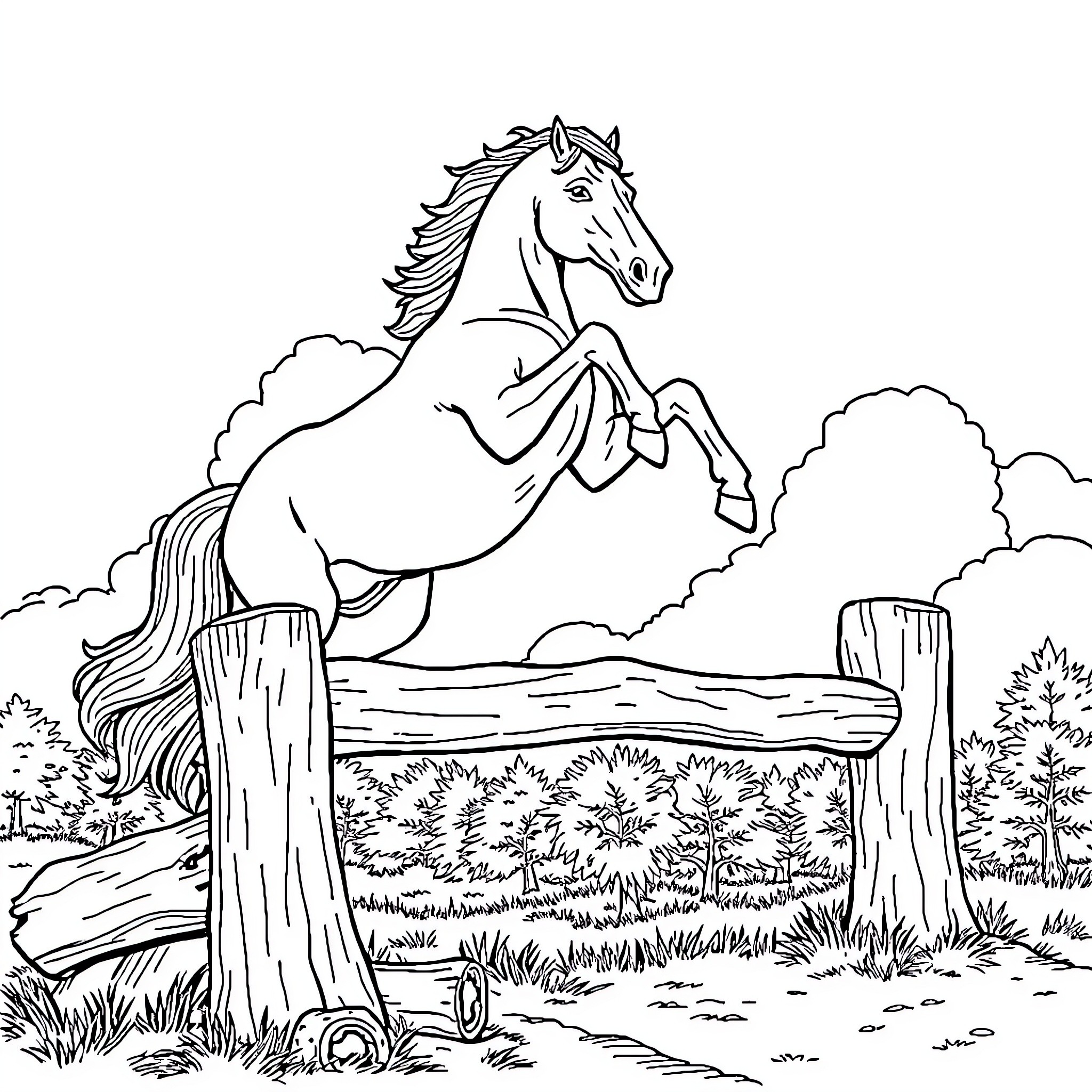 Horse jumping over a fence in a grassy field Coloring Page (free black-and-white line drawing printable PDF for all, from beginners to advanced learners, including children, teens, adults, and seniors)