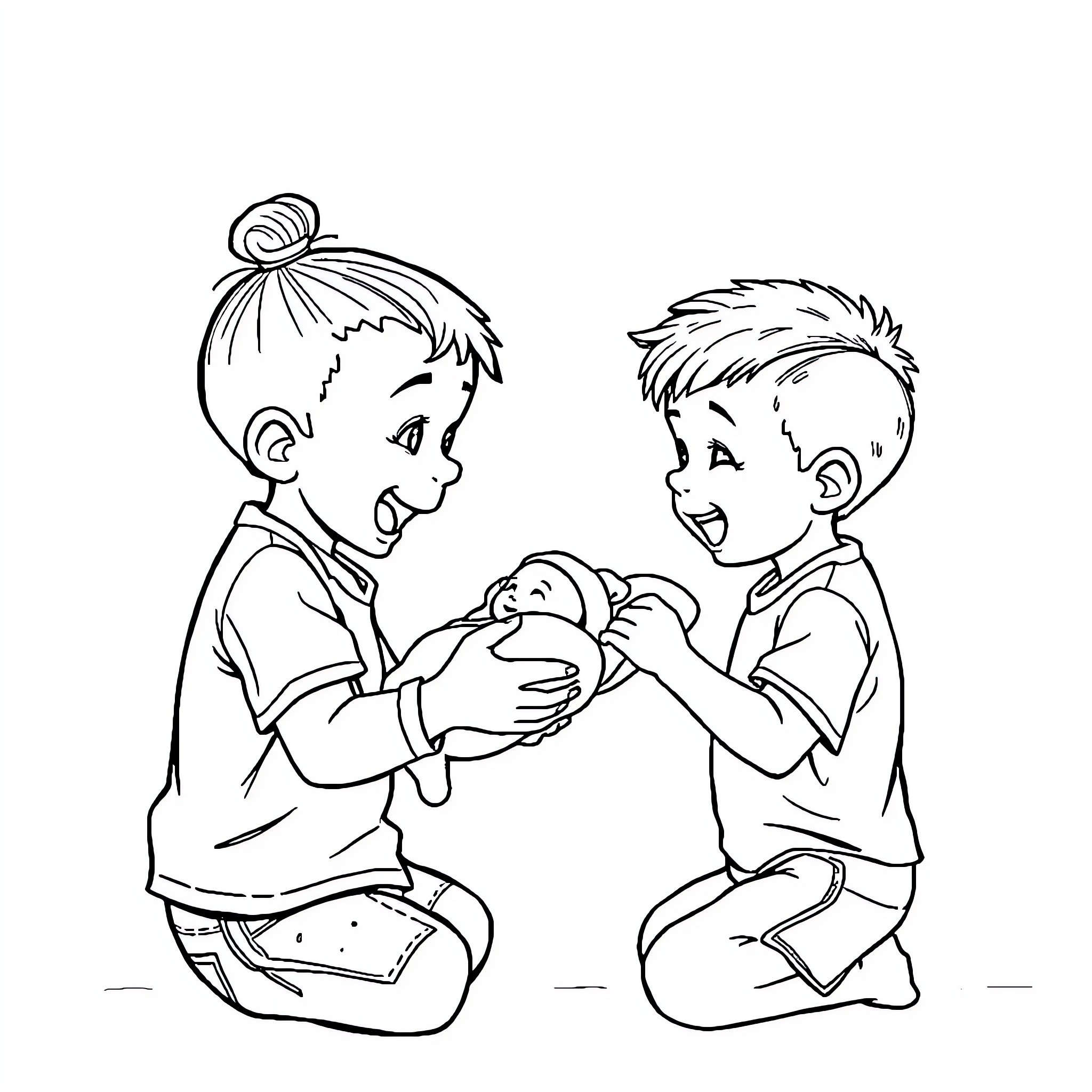 Boy and girl playing with a baby doll Coloring Page (free black-and-white line drawing printable PDF for all, from beginners to advanced learners, including children, teens, adults, and seniors)