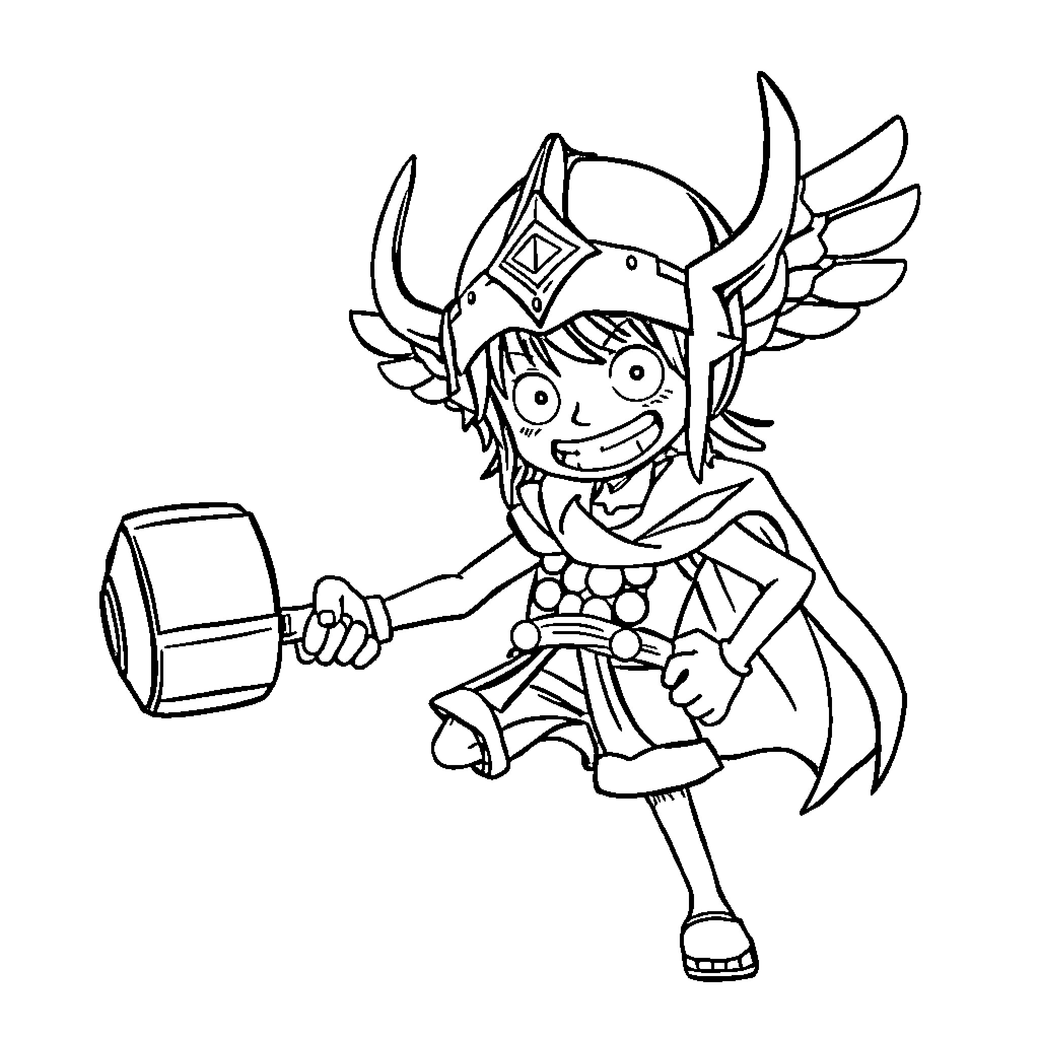 Monkey D Luffy wielding a large hammer Coloring Page (free black-and-white line drawing printable PDF for all, from beginners to advanced learners, including children, teens, adults, and seniors)