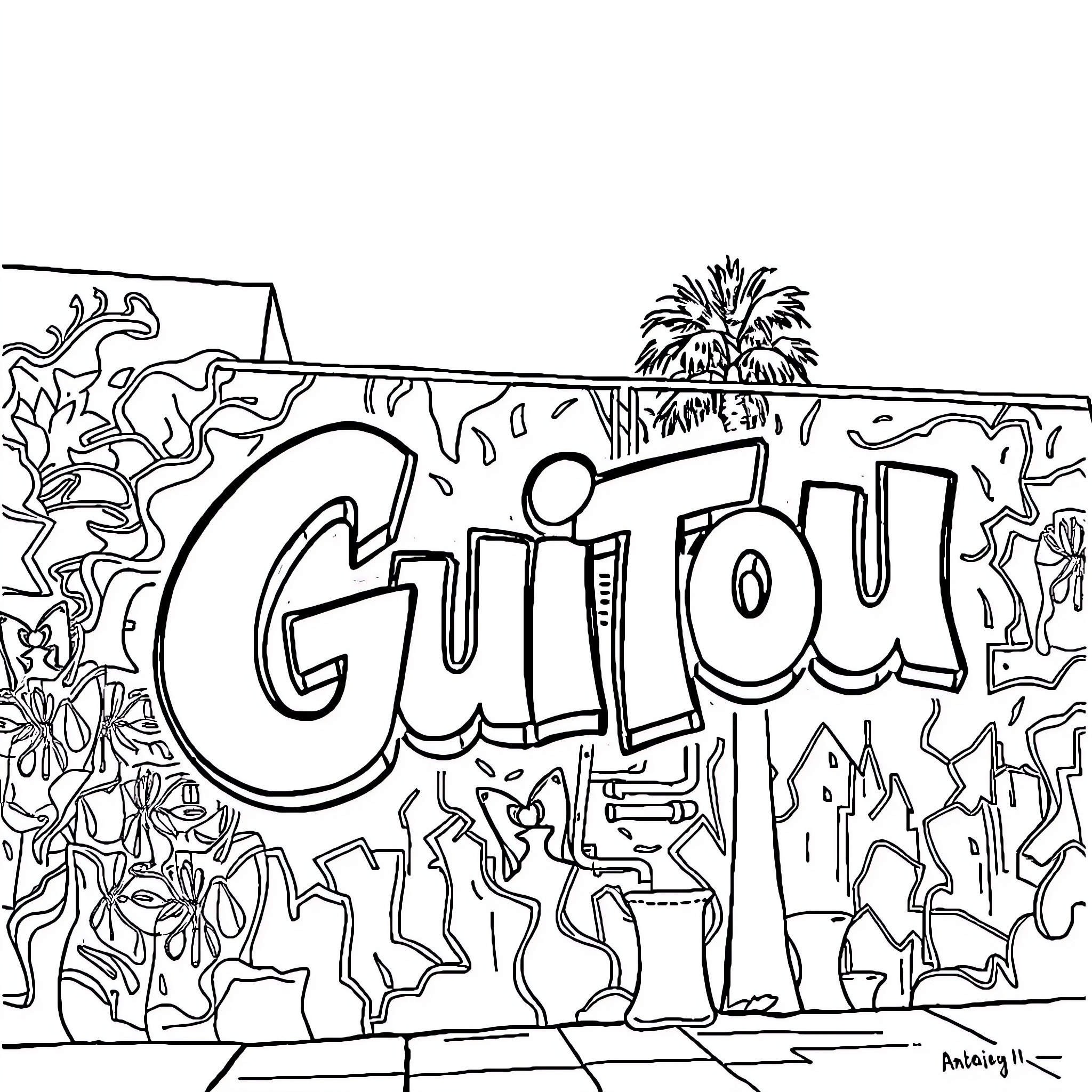 Tag Graffiti Artwork with Abstract Designs Coloring Page (free black-and-white line drawing printable PDF for all, from beginners to advanced learners, including children, teens, adults, and seniors)