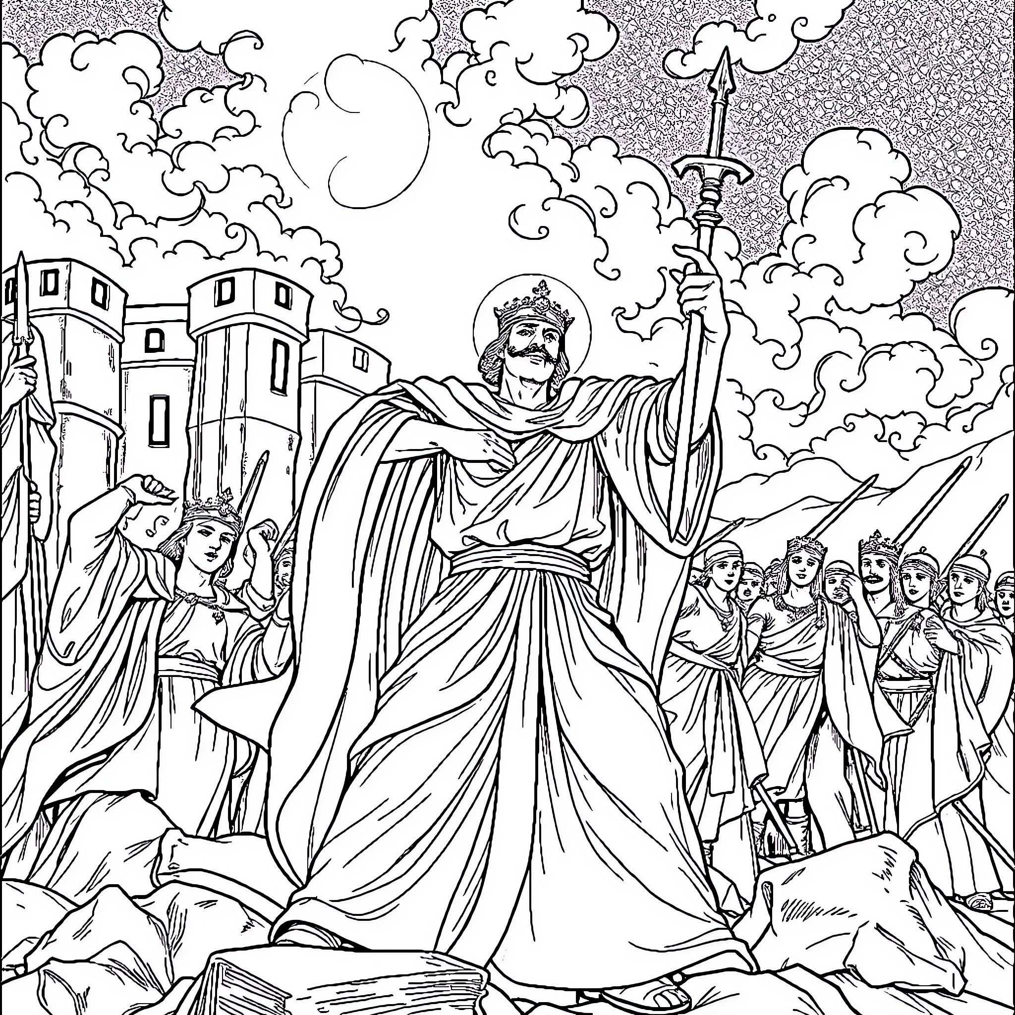 Saint Louis Leading a Ceremonial Procession Coloring Page (free black-and-white line drawing printable PDF for all, from beginners to advanced learners, including children, teens, adults, and seniors)
