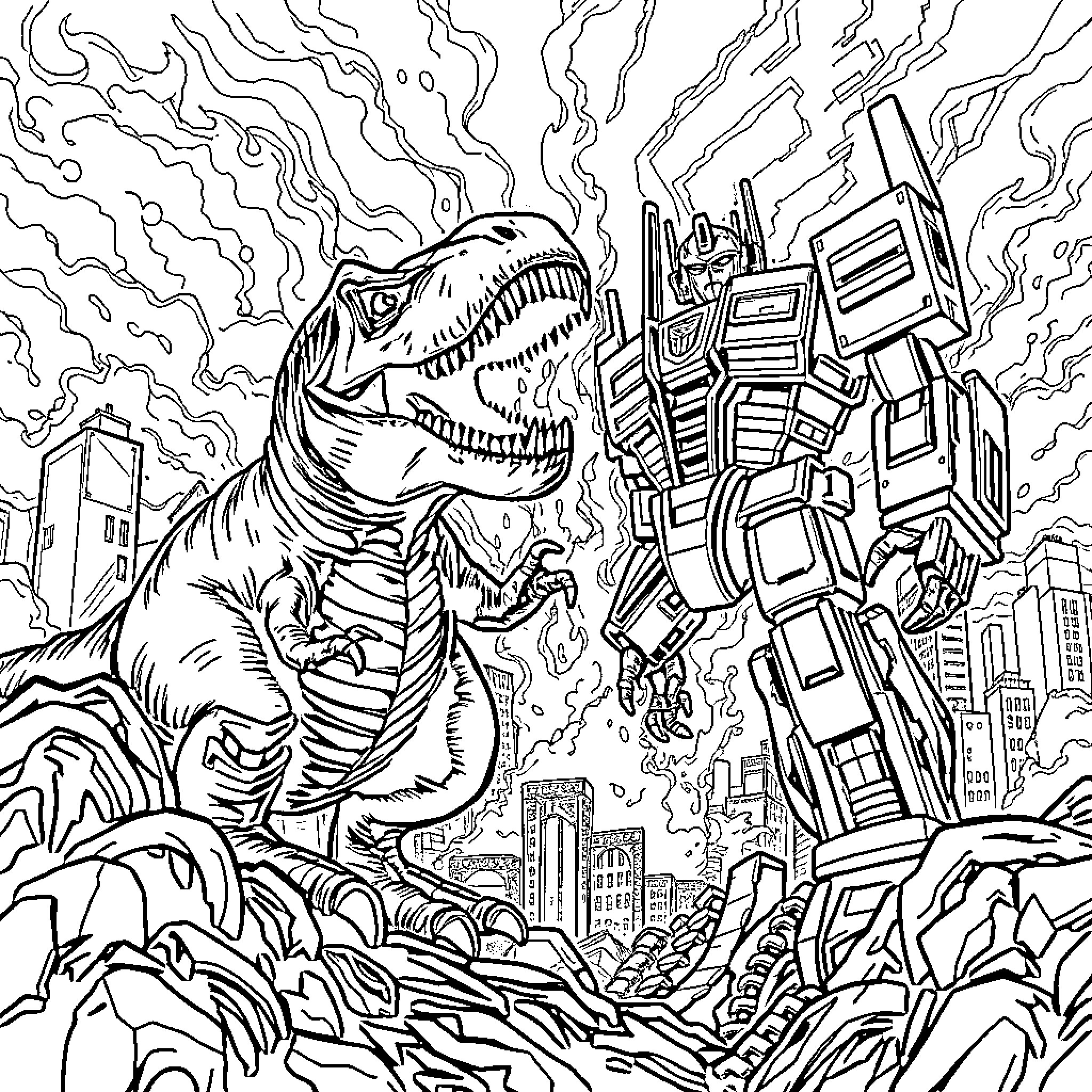 T-Rex Stomping Through Futuristic City Coloring Page (free black-and-white line drawing printable PDF for all, from beginners to advanced learners, including children, teens, adults, and seniors)