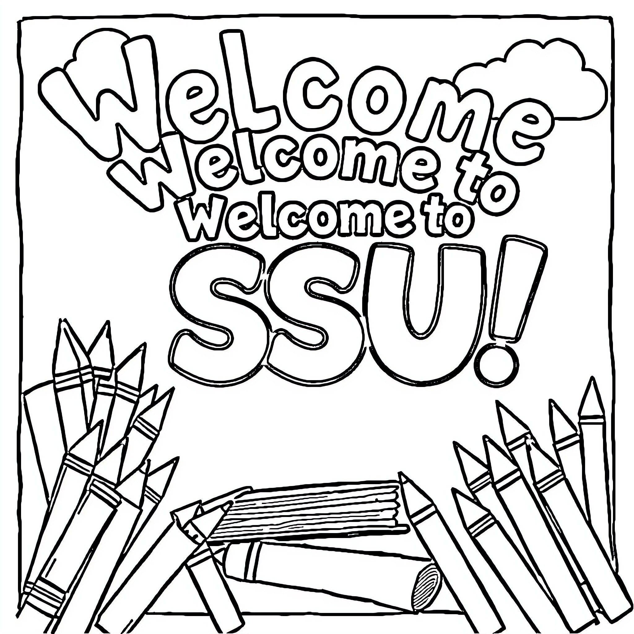 Back to School with Welcome to SSSU! Coloring Page (free black-and-white line drawing printable PDF for all, from beginners to advanced learners, including children, teens, adults, and seniors)