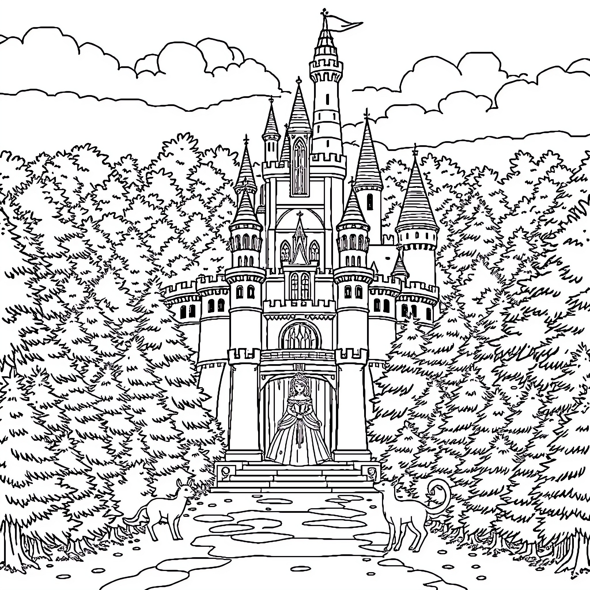 Superhero Animal Castle in the Enchanted Woods Coloring Page (free black-and-white line drawing printable PDF for all, from beginners to advanced learners, including children, teens, adults, and seniors)