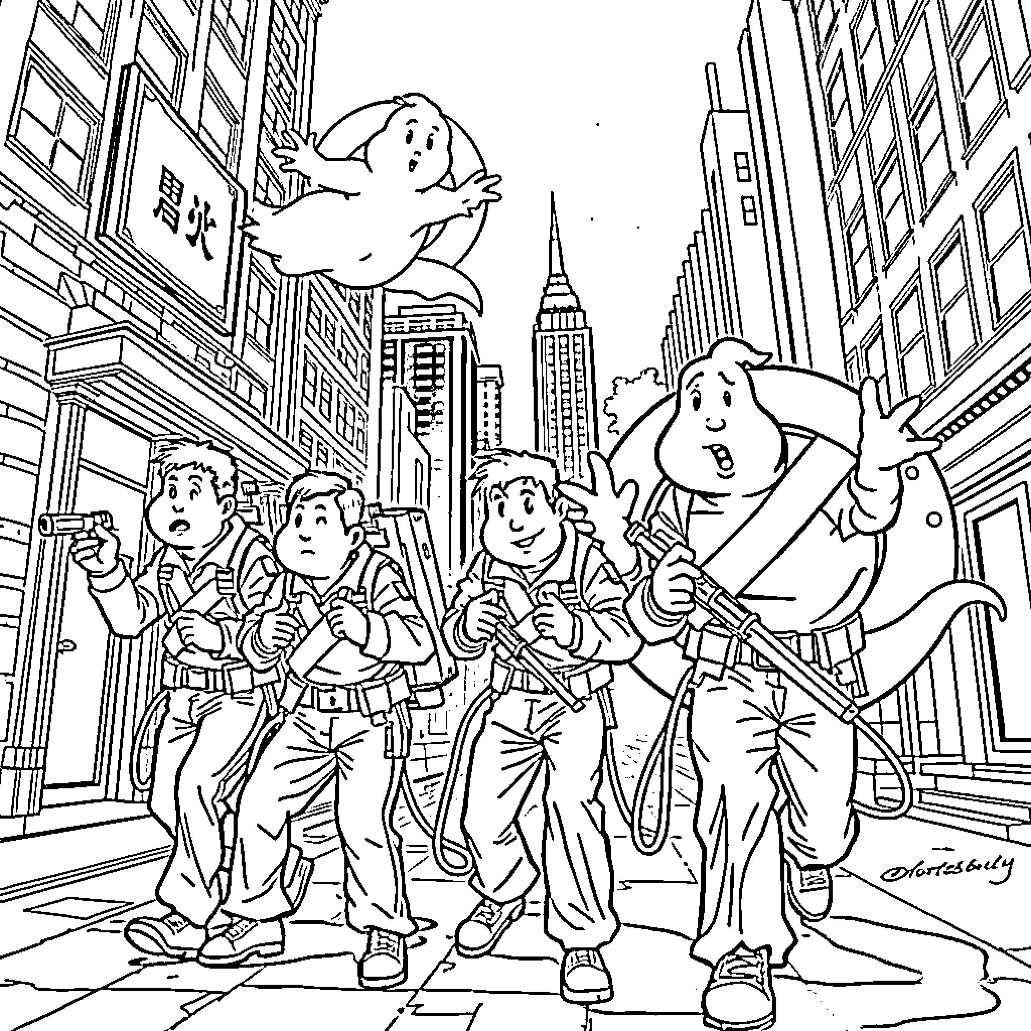 Ghostbusters chasing ghosts through the city streets Coloring Page (free black-and-white line drawing printable PDF for all, from beginners to advanced learners, including children, teens, adults, and seniors)