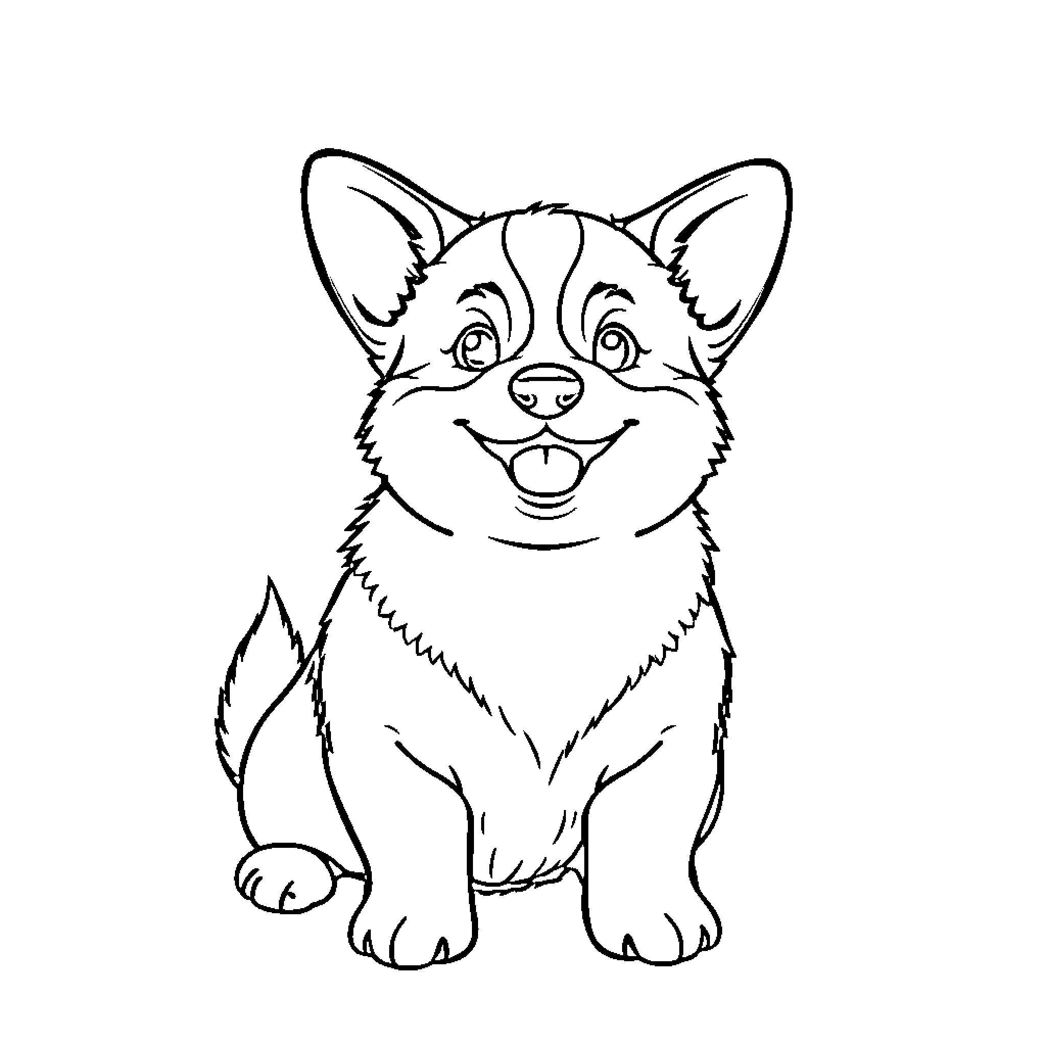 Corgi sitting and smiling happily Coloring Page (free black-and-white line drawing printable PDF for all, from beginners to advanced learners, including children, teens, adults, and seniors)
