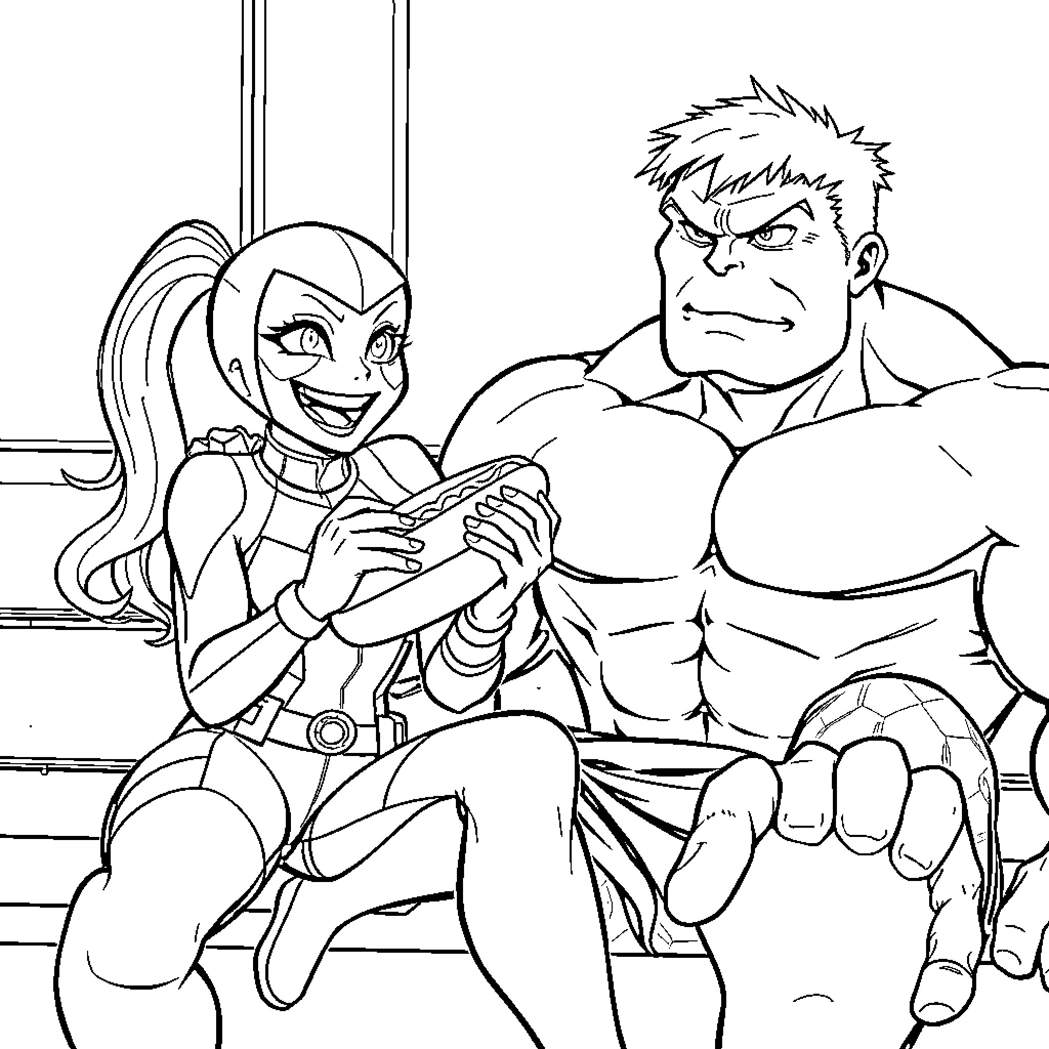 Gwenpool and the Hulk: A Playful Interaction Coloring Page (free black-and-white line drawing printable PDF for all, from beginners to advanced learners, including children, teens, adults, and seniors)