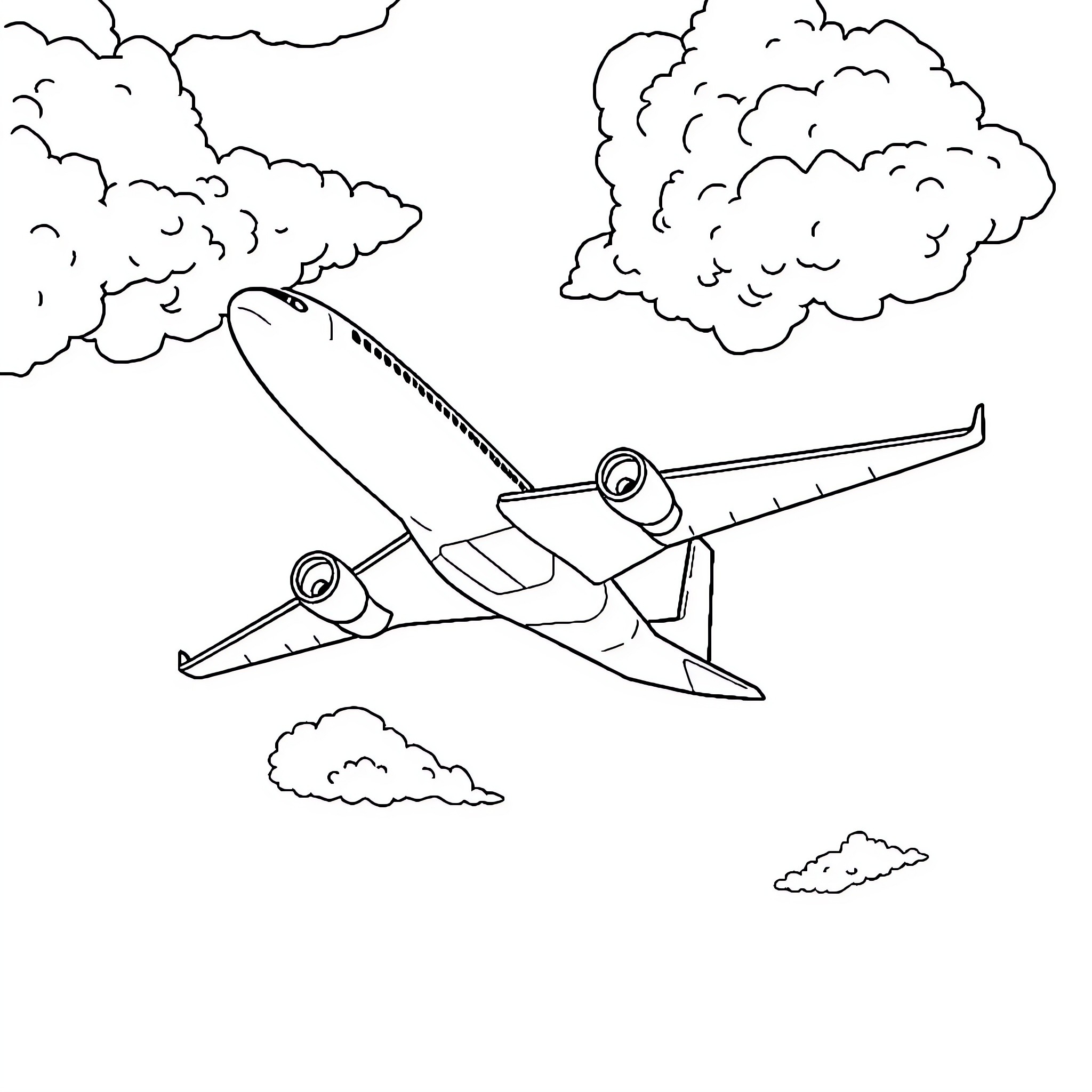 Aeroplane soaring through cloudy skies Coloring Page (free black-and-white line drawing printable PDF for all, from beginners to advanced learners, including children, teens, adults, and seniors)