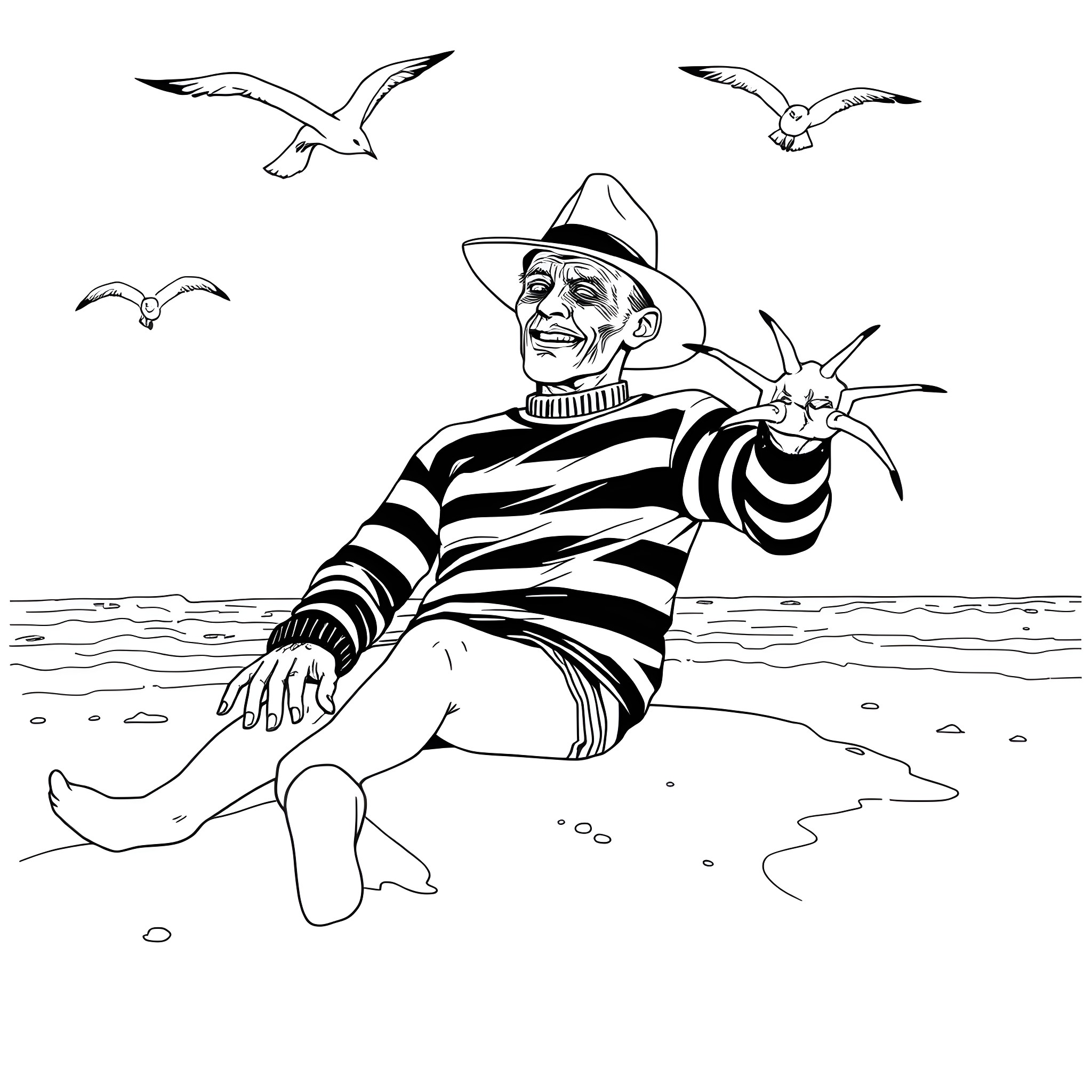 Freddy Krueger relaxing on the beach with seagulls Coloring Page (free black-and-white line drawing printable PDF for all, from beginners to advanced learners, including children, teens, adults, and seniors)