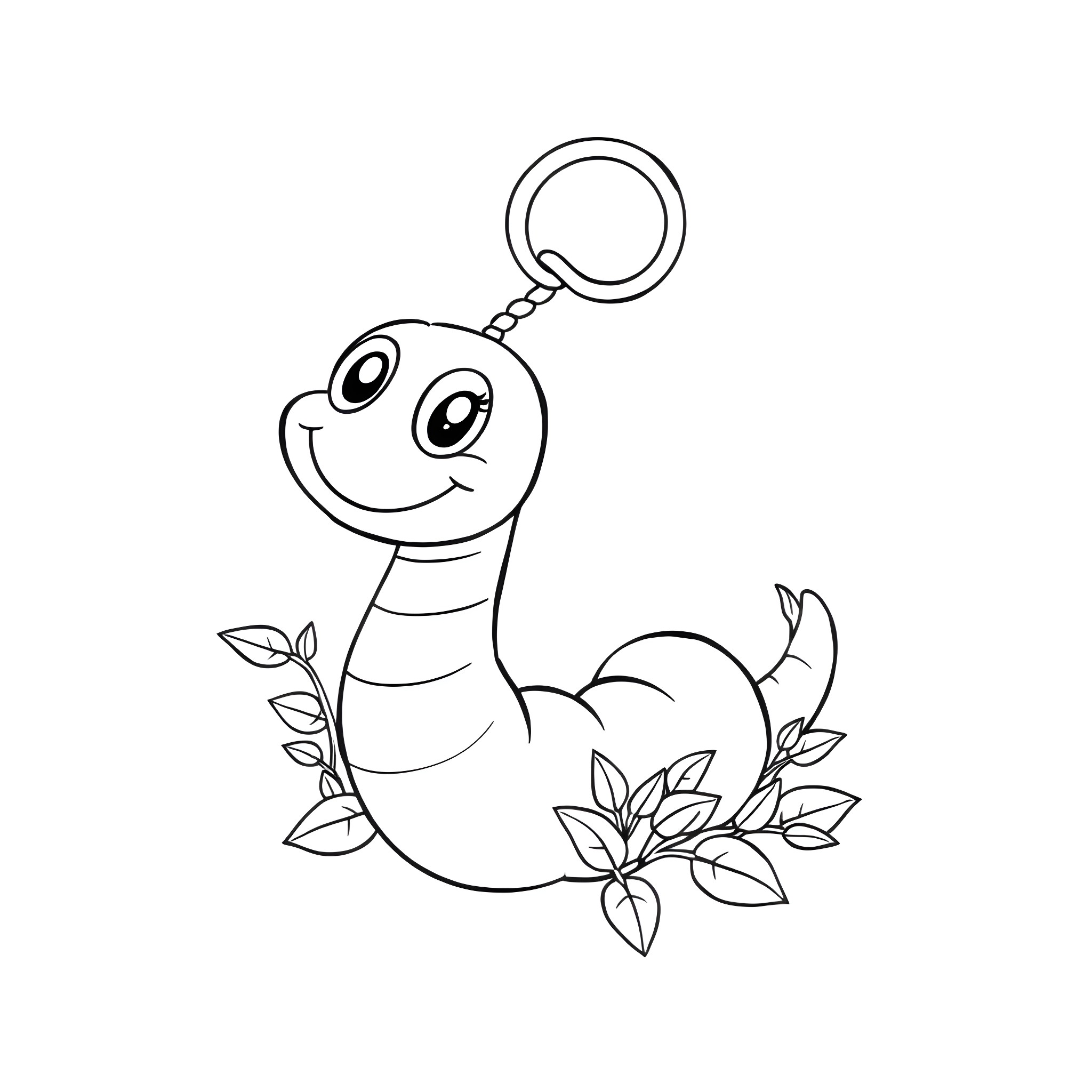 Worm smiling happily with a keychain Coloring Page (free black-and-white line drawing printable PDF for all, from beginners to advanced learners, including children, teens, adults, and seniors)