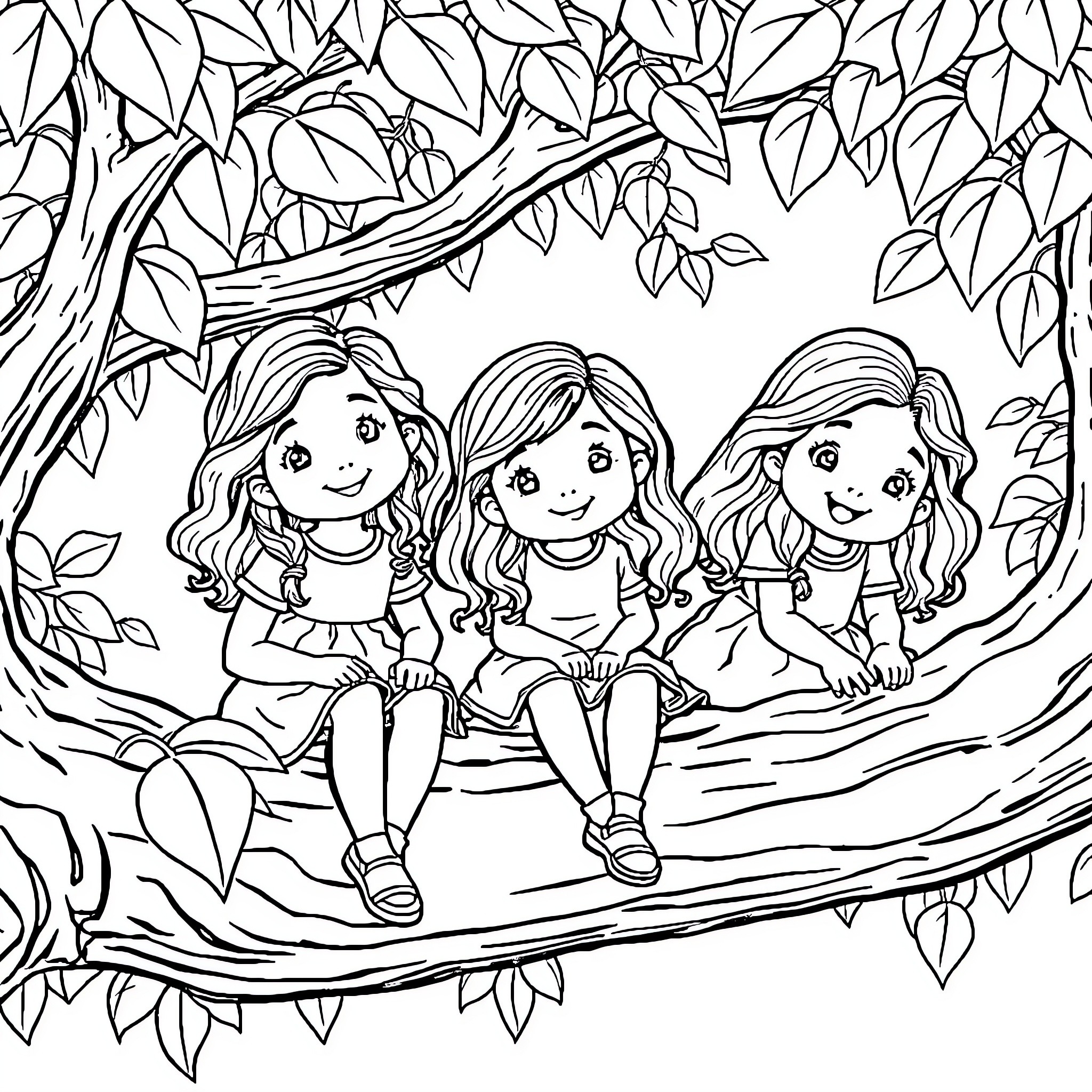 Girls enjoying nature on a tree branch Coloring Page (free black-and-white line drawing printable PDF for all, from beginners to advanced learners, including children, teens, adults, and seniors)