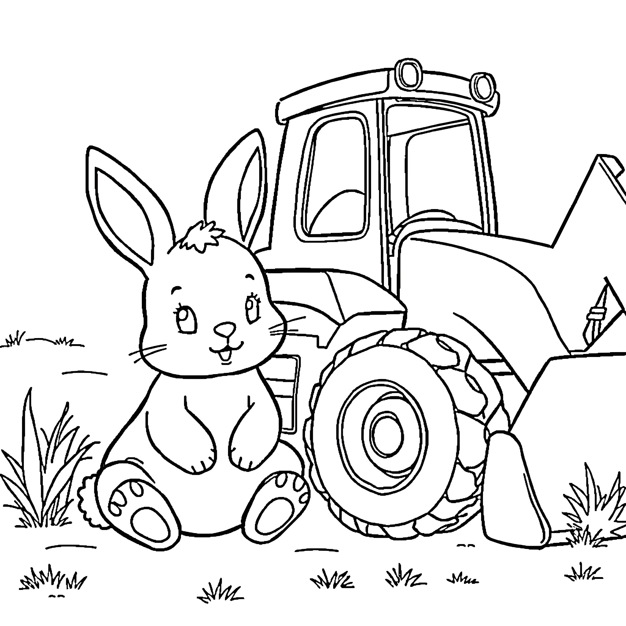 Bunny admiring a farm tractor in the field Coloring Page (free black-and-white line drawing printable PDF for all, from beginners to advanced learners, including children, teens, adults, and seniors)