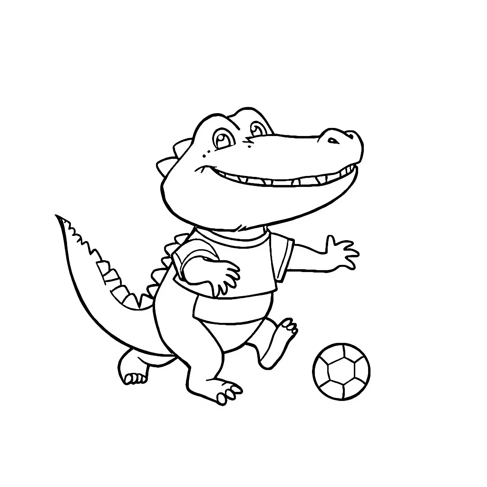 Crocodile playing with soccer ball happily Coloring Page (free black-and-white line drawing printable PDF for all, from beginners to advanced learners, including children, teens, adults, and seniors)