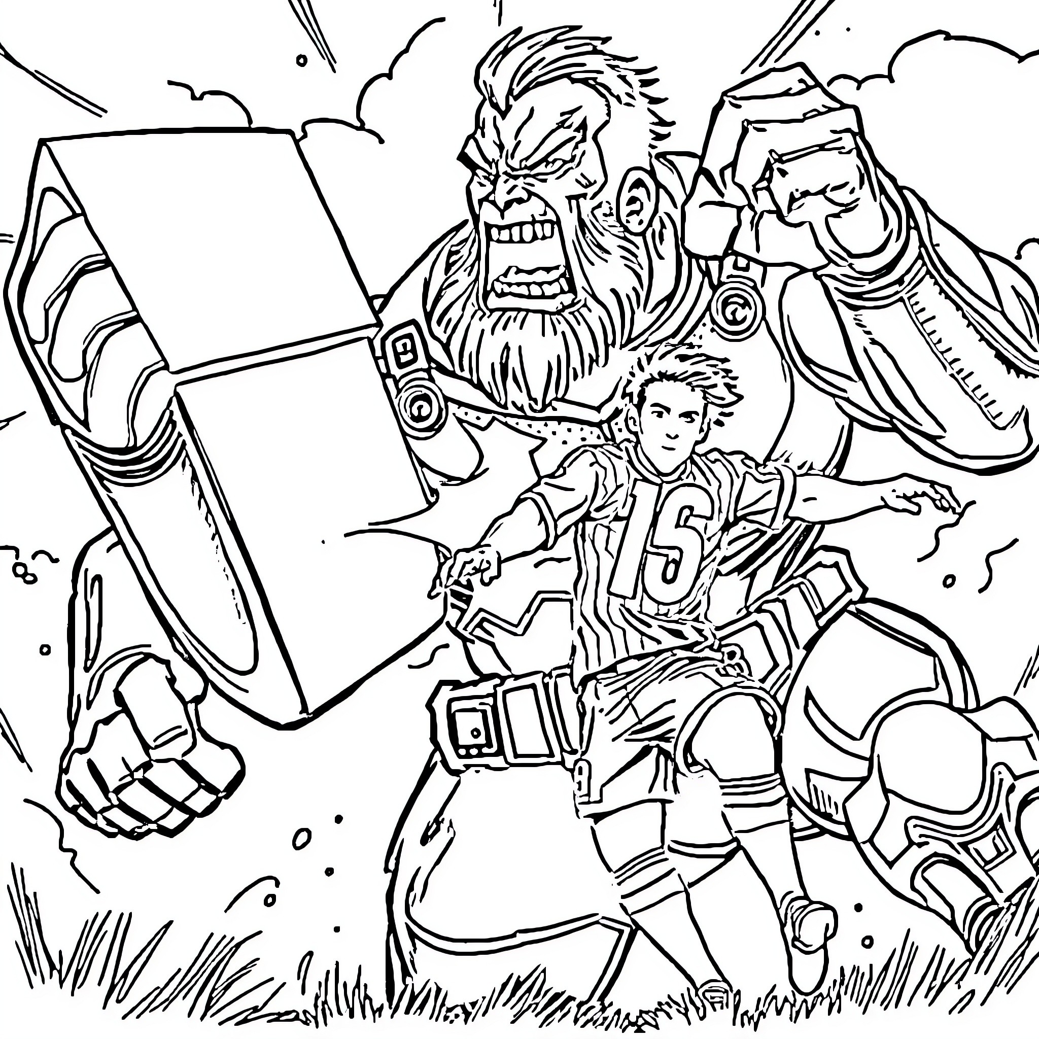 Titan warriors in fierce battle on the field Coloring Page (free black-and-white line drawing printable PDF for all, from beginners to advanced learners, including children, teens, adults, and seniors)