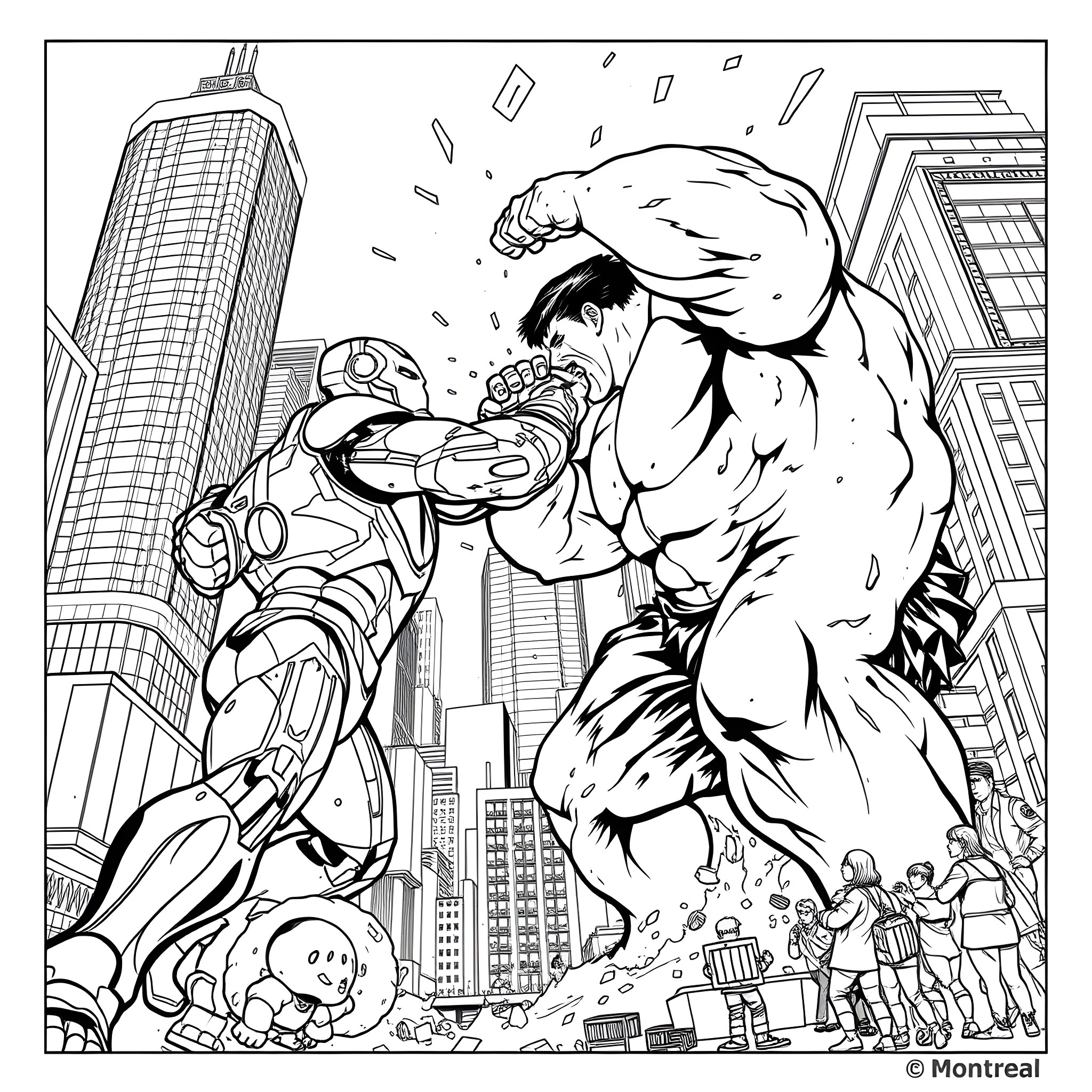 Ironman battles a large muscular hero in the city Coloring Page (free black-and-white line drawing printable PDF for all, from beginners to advanced learners, including children, teens, adults, and seniors)