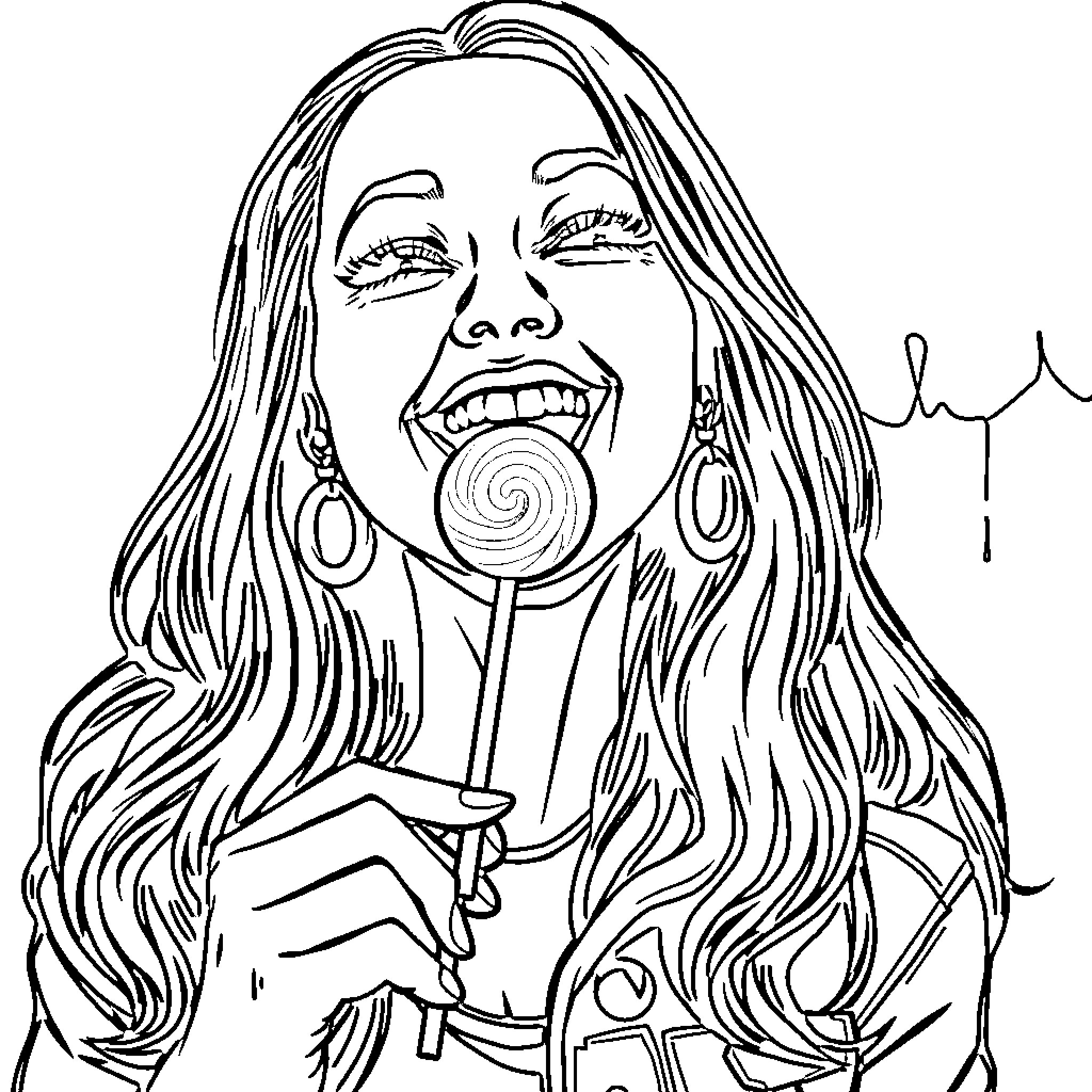 Christy Mack enjoying a lollipop with delighted expression Coloring Page (free black-and-white line drawing printable PDF for all, from beginners to advanced learners, including children, teens, adults, and seniors)