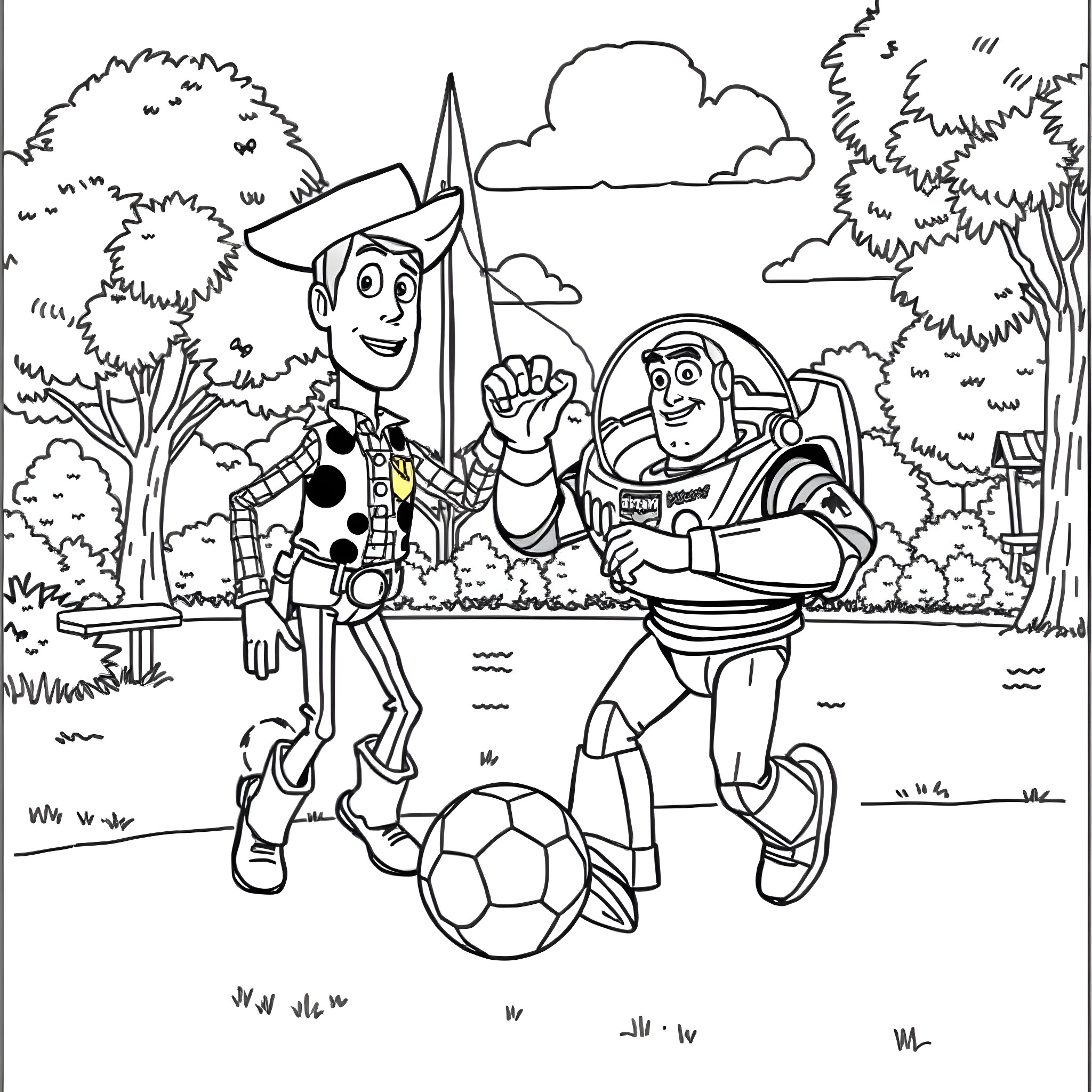 Toy Story Characters Playing Soccer in the Park Coloring Page (free black-and-white line drawing printable PDF for all, from beginners to advanced learners, including children, teens, adults, and seniors)