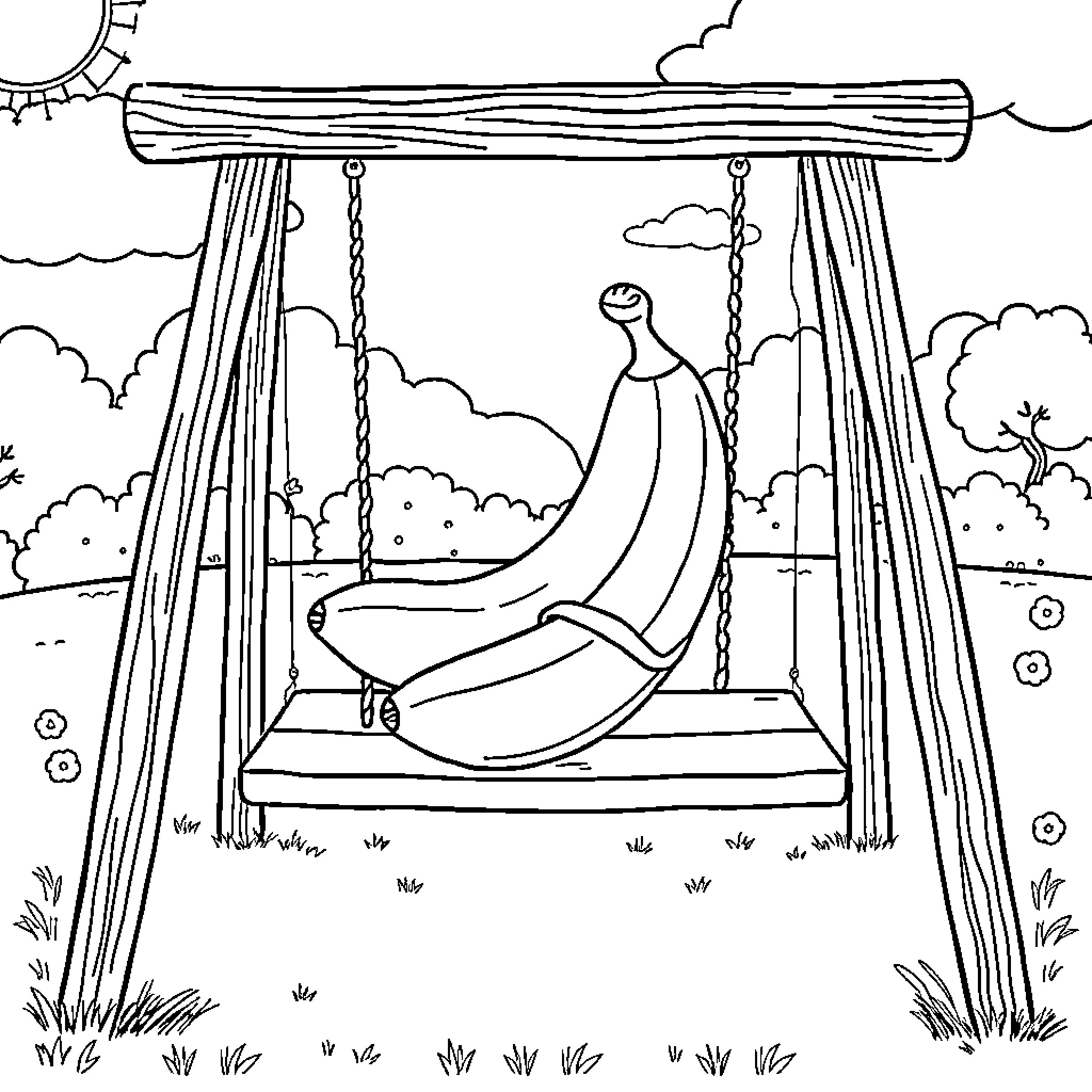 Banana swinging on a dreamy outdoor scene Coloring Page (free black-and-white line drawing printable PDF for all, from beginners to advanced learners, including children, teens, adults, and seniors)