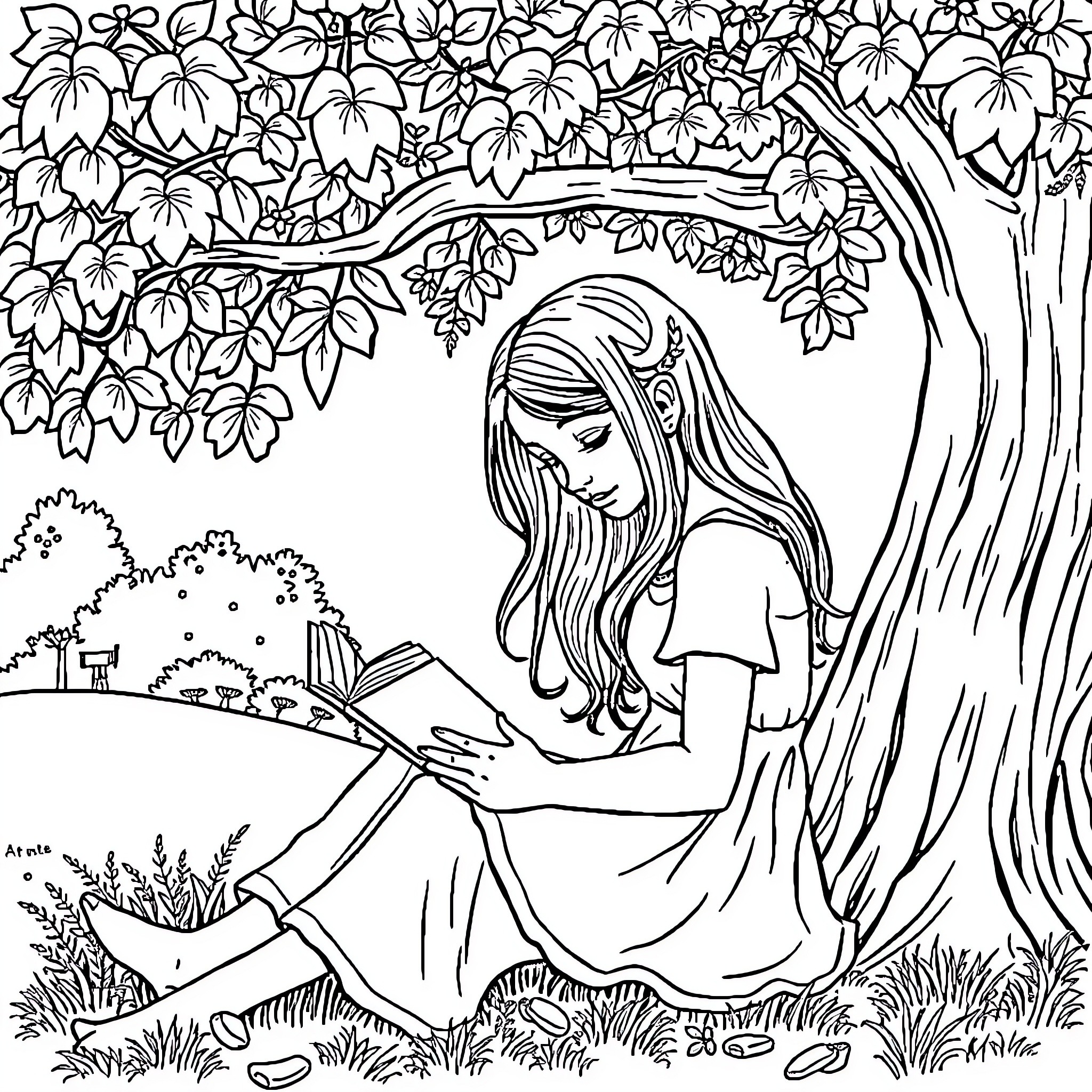 Girl reading a book under a tree Coloring Page (free black-and-white line drawing printable PDF for all, from beginners to advanced learners, including children, teens, adults, and seniors)