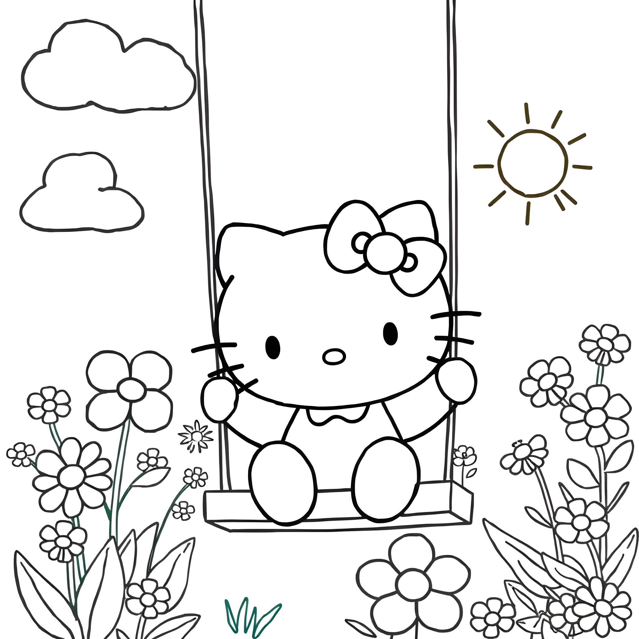 Hello Kitty enjoying a sunny day on a swing Coloring Page (free black-and-white line drawing printable PDF for all, from beginners to advanced learners, including children, teens, adults, and seniors)