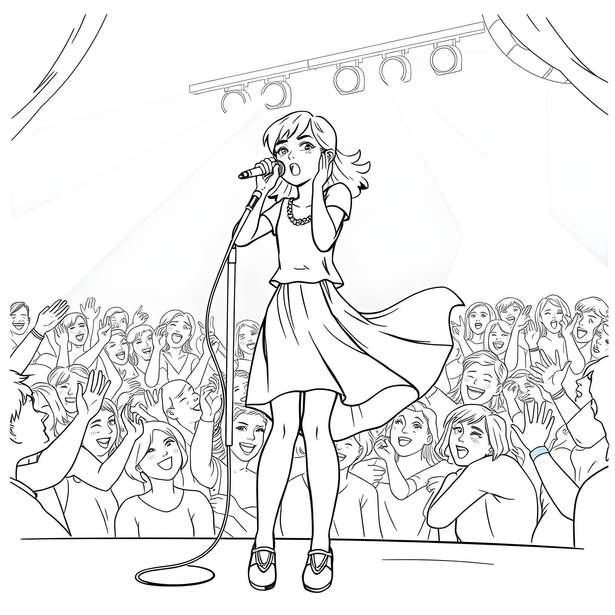 Teen Girl Singing on Stage Before a Crowd Coloring Page (free black-and-white line drawing printable PDF for all, from beginners to advanced learners, including children, teens, adults, and seniors)