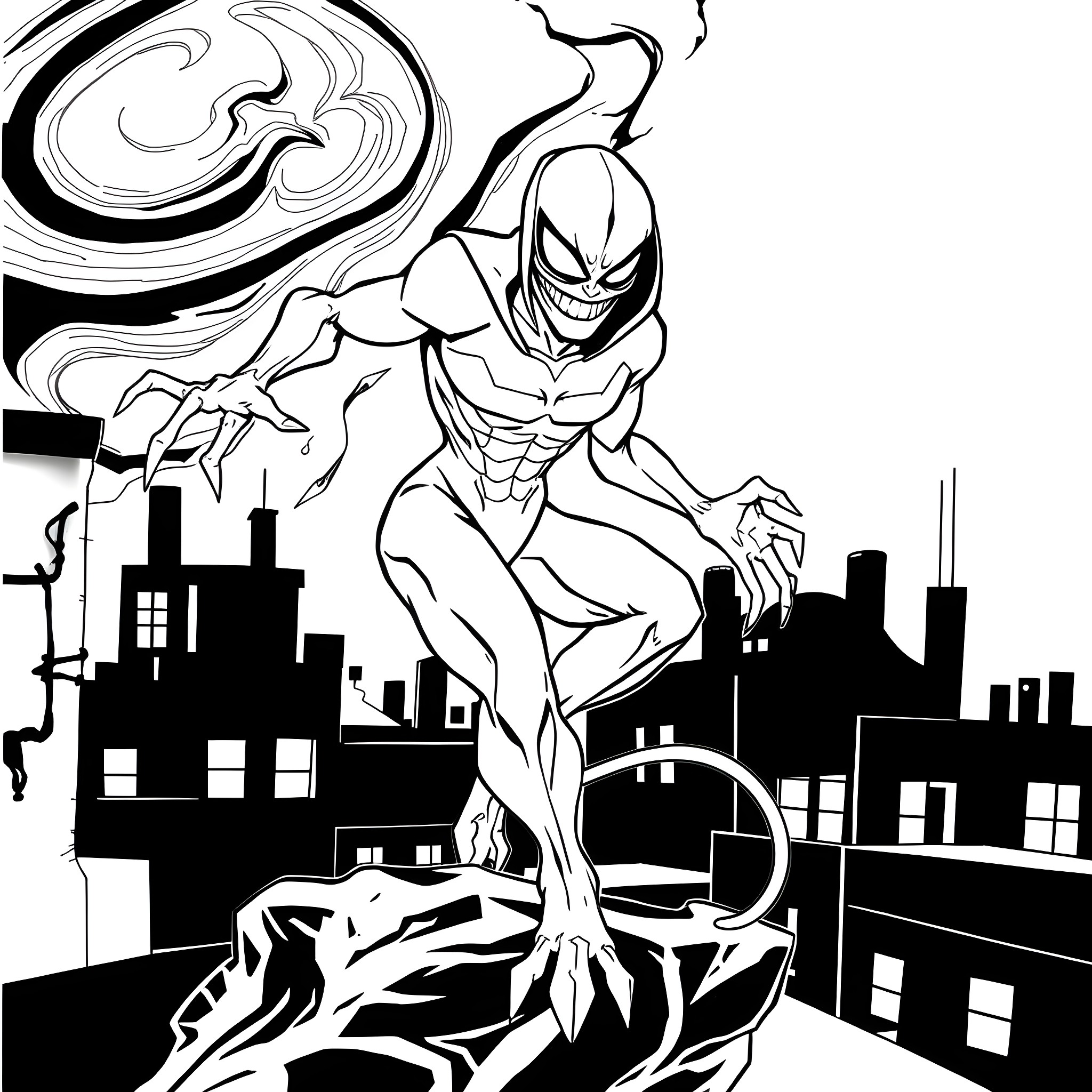 Nightcreeper stalking the city at night Coloring Page (free black-and-white line drawing printable PDF for all, from beginners to advanced learners, including children, teens, adults, and seniors)