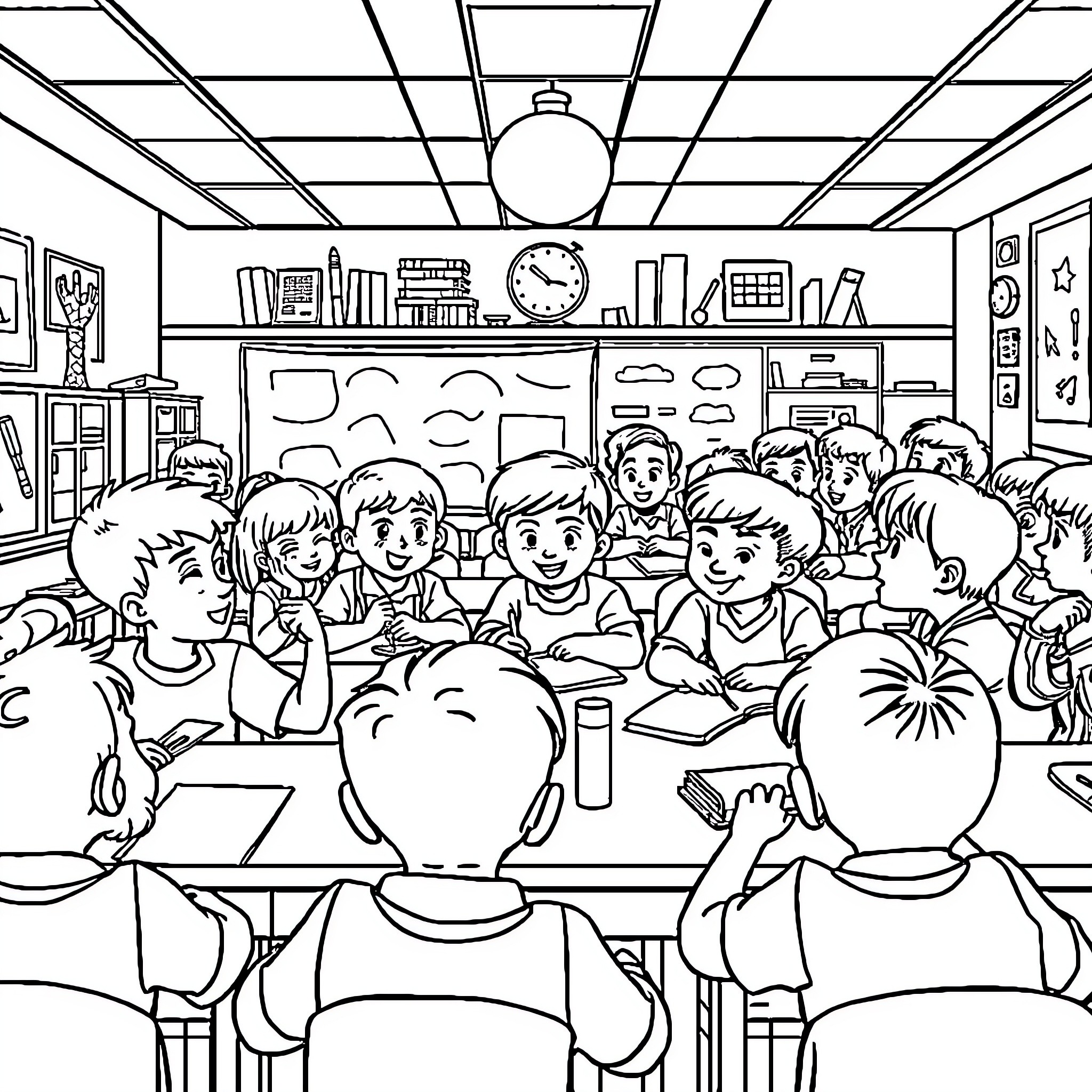 Education in the Classroom: Students Engaged in Learning Coloring Page (free black-and-white line drawing printable PDF for all, from beginners to advanced learners, including children, teens, adults, and seniors)
