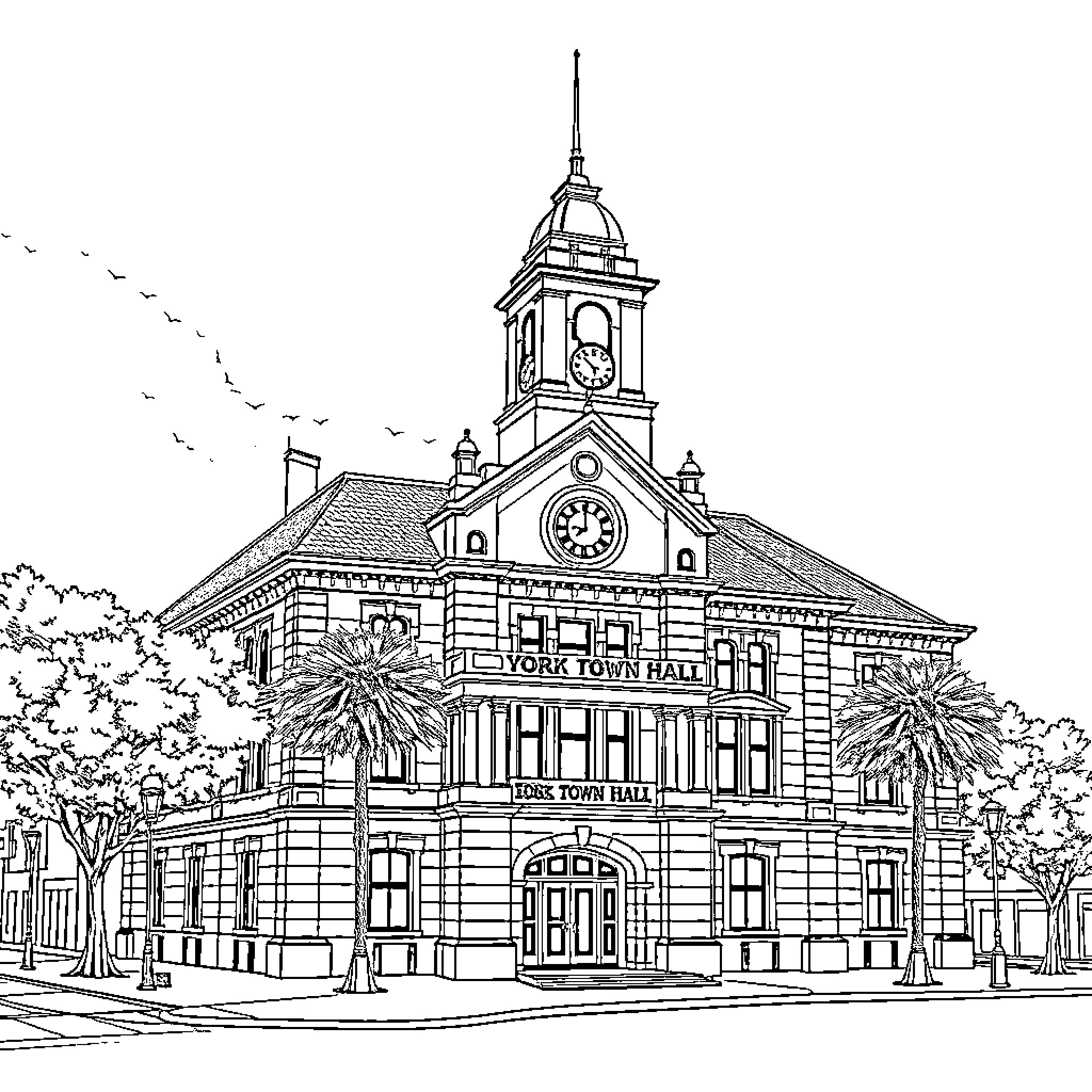 Town Hall with Prominent Architecture and Ornate Details Coloring Page (free black-and-white line drawing printable PDF for all, from beginners to advanced learners, including children, teens, adults, and seniors)