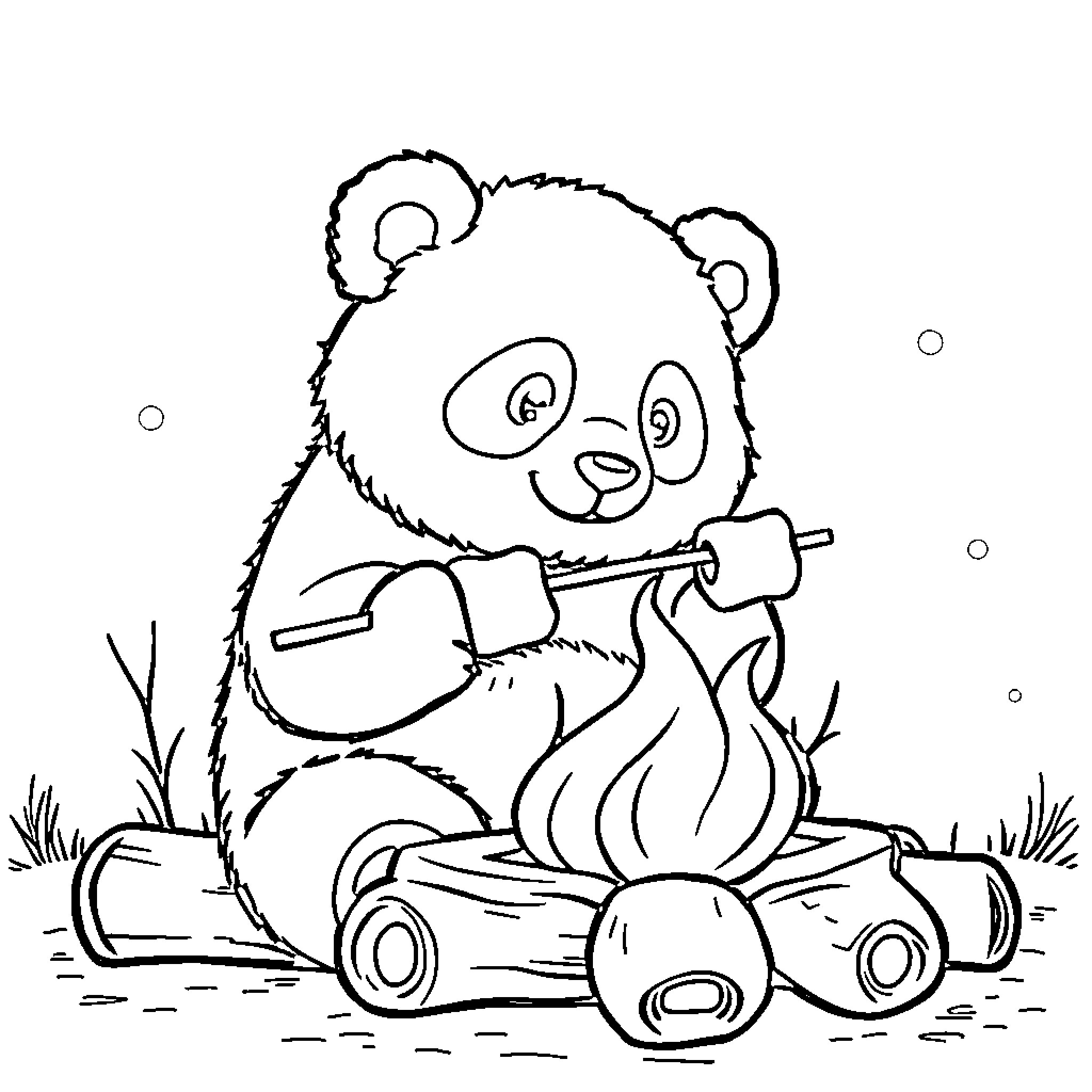 Panda roasting marshmallows by the campfire Coloring Page (free black-and-white line drawing printable PDF for all, from beginners to advanced learners, including children, teens, adults, and seniors)