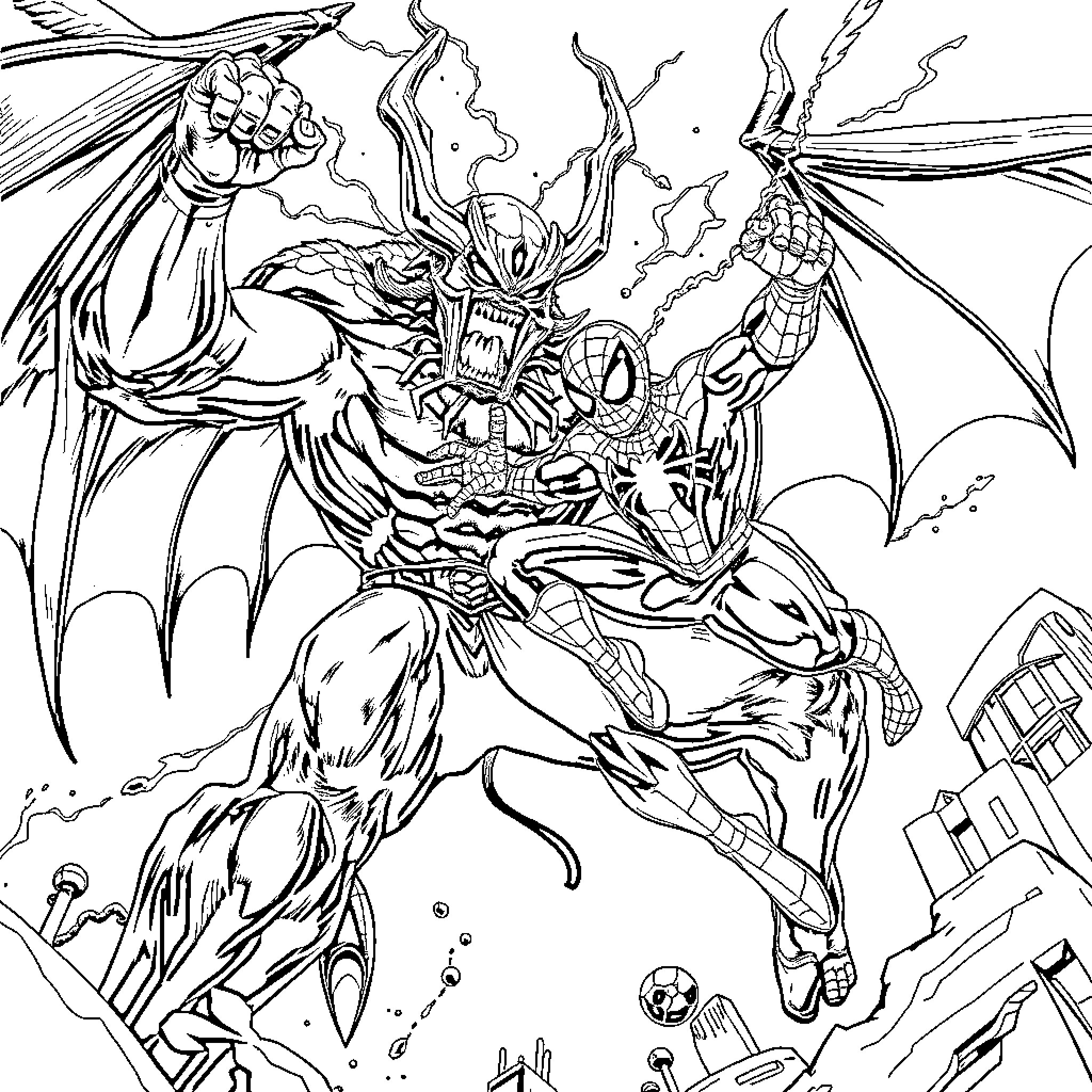 Spiderman battling a monstrous villain in the city Coloring Page (free black-and-white line drawing printable PDF for all, from beginners to advanced learners, including children, teens, adults, and seniors)