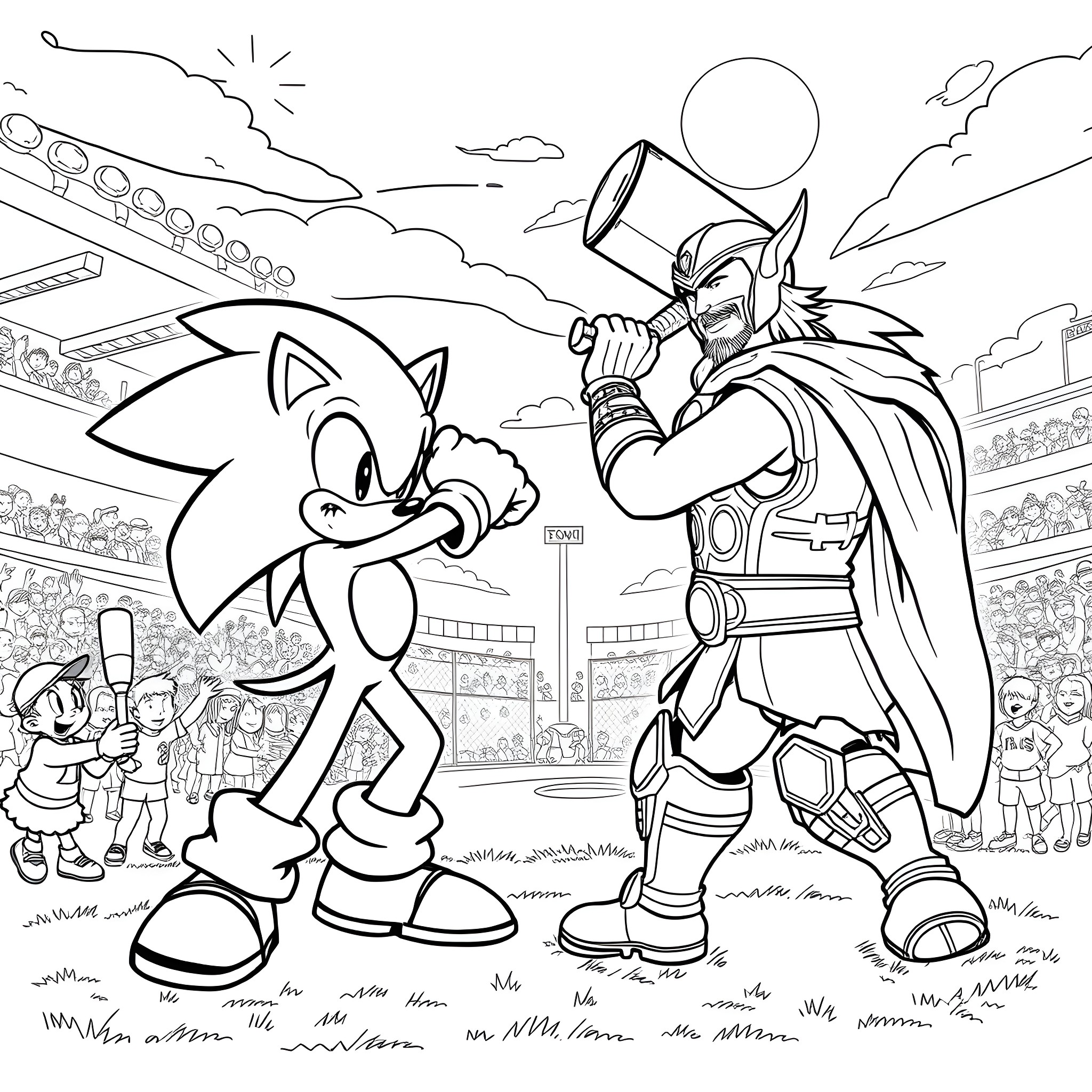 Sonic the Hedgehog facing off against a heroic warrior Coloring Page (free black-and-white line drawing printable PDF for all, from beginners to advanced learners, including children, teens, adults, and seniors)