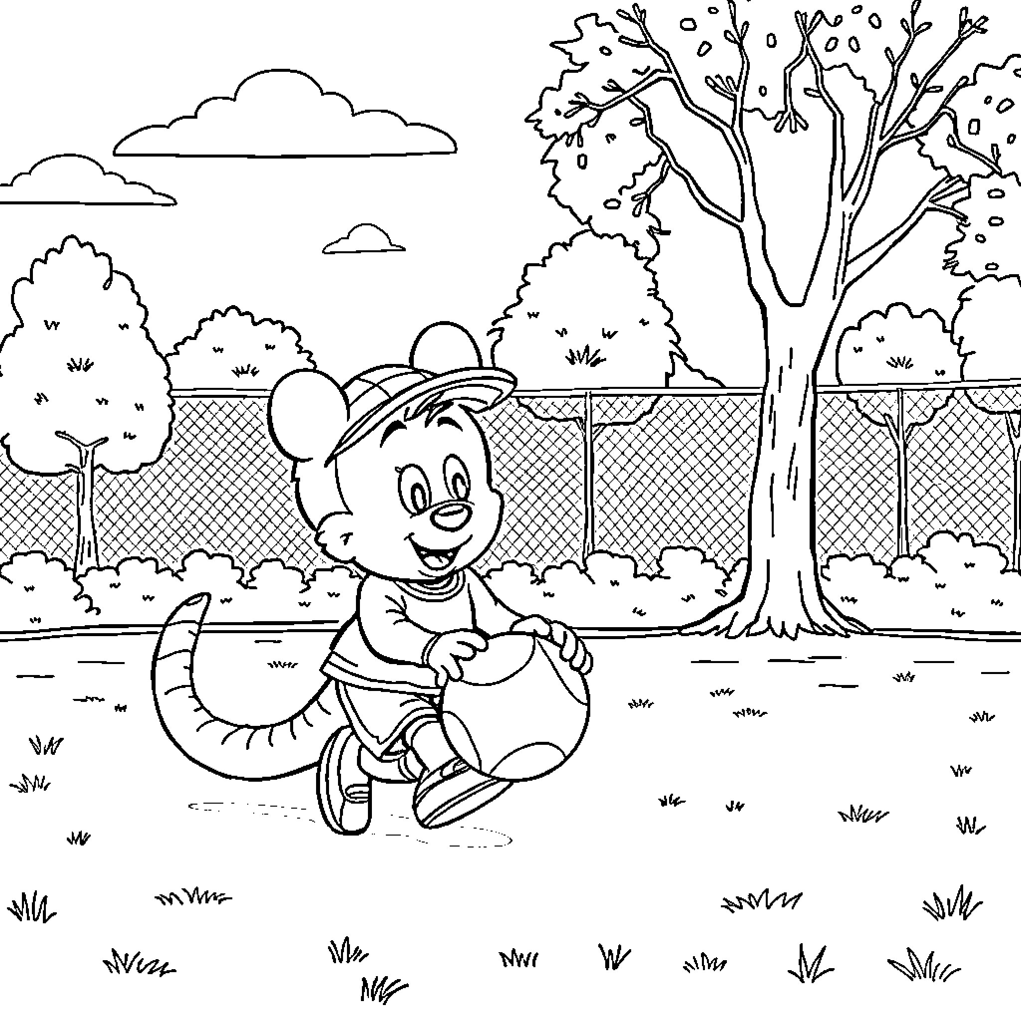 Mini Cartoon Character Playing in Outdoor Park Coloring Page (free black-and-white line drawing printable PDF for all, from beginners to advanced learners, including children, teens, adults, and seniors)