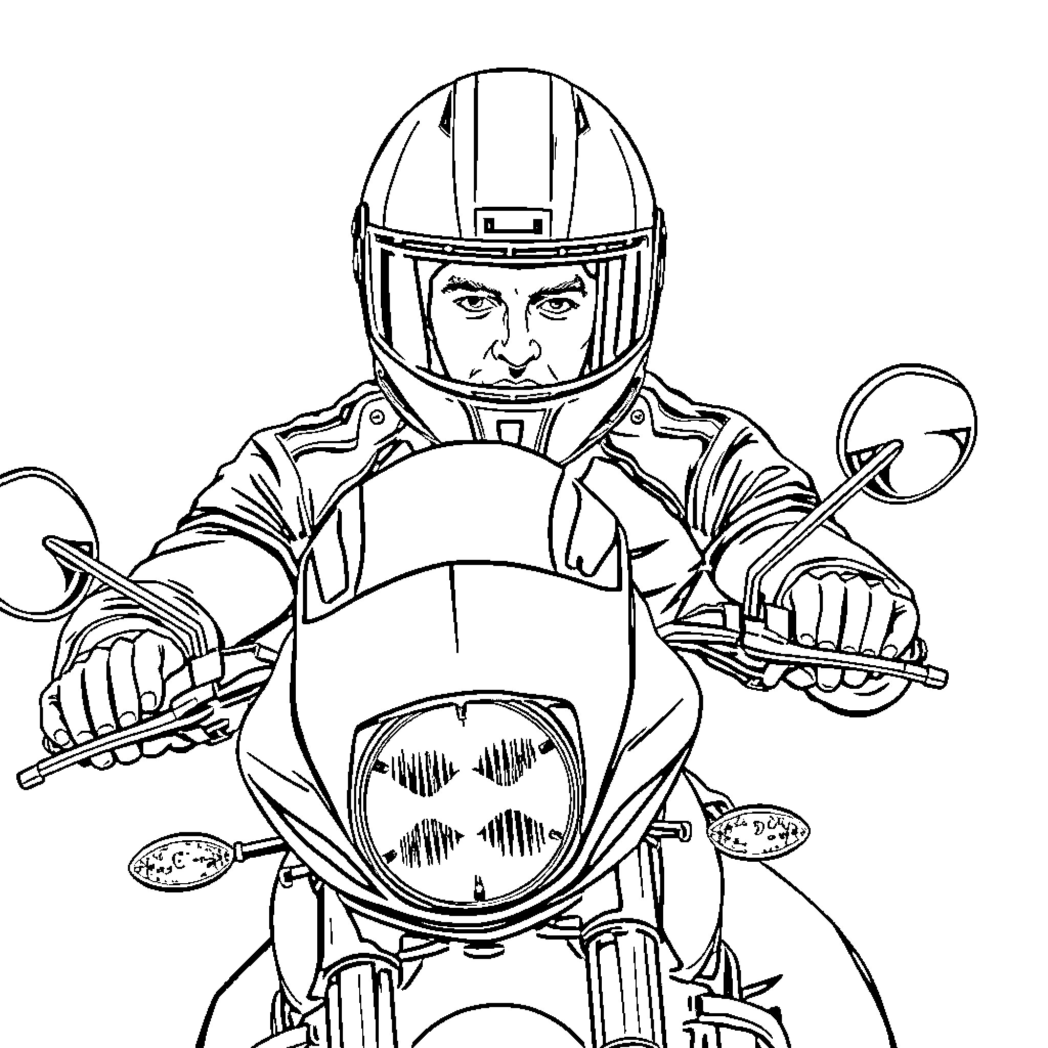Rugby Player Riding Motorcycle with Determination Coloring Page (free black-and-white line drawing printable PDF for all, from beginners to advanced learners, including children, teens, adults, and seniors)
