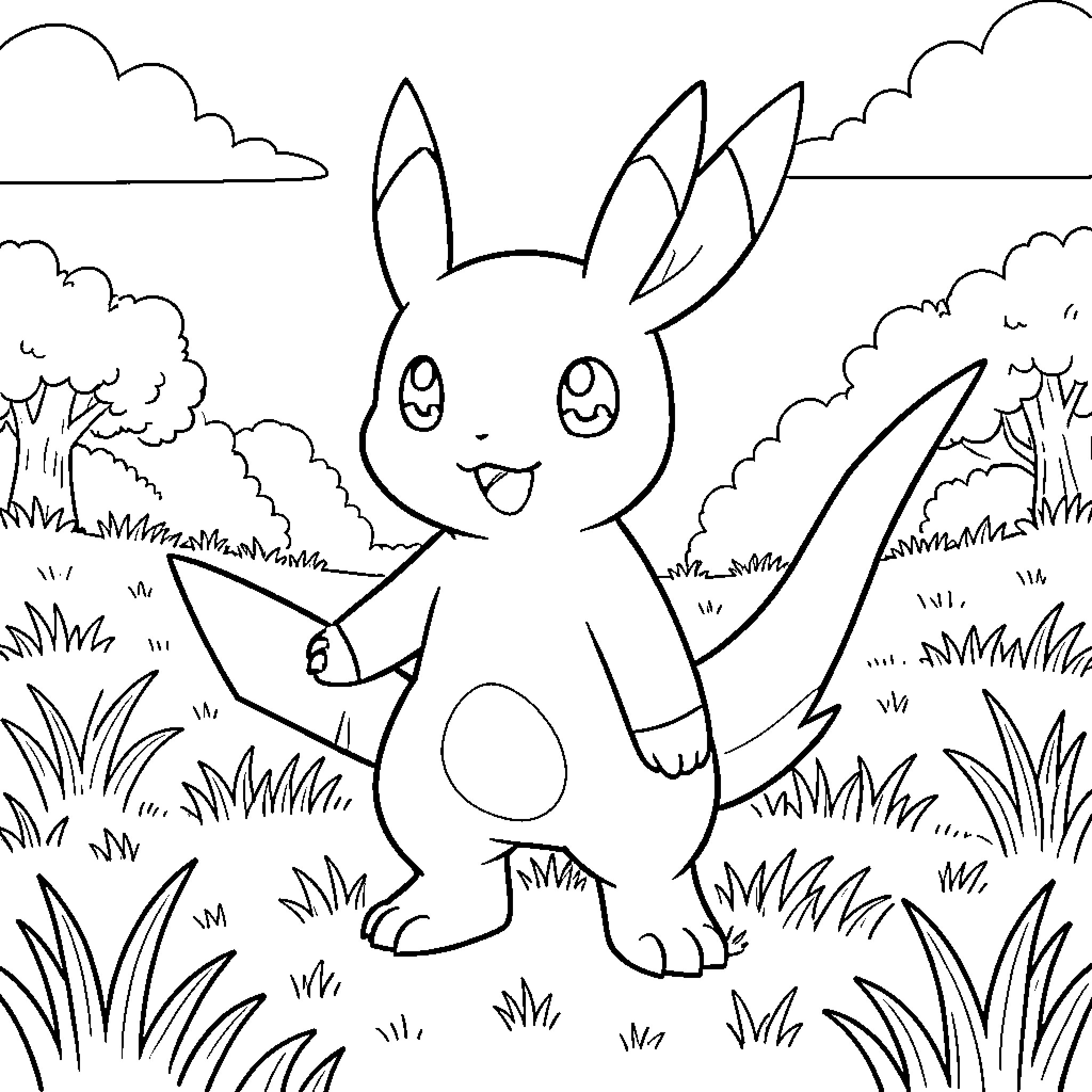 Pokémon standing happily in a grassy field Coloring Page (free black-and-white line drawing printable PDF for all, from beginners to advanced learners, including children, teens, adults, and seniors)